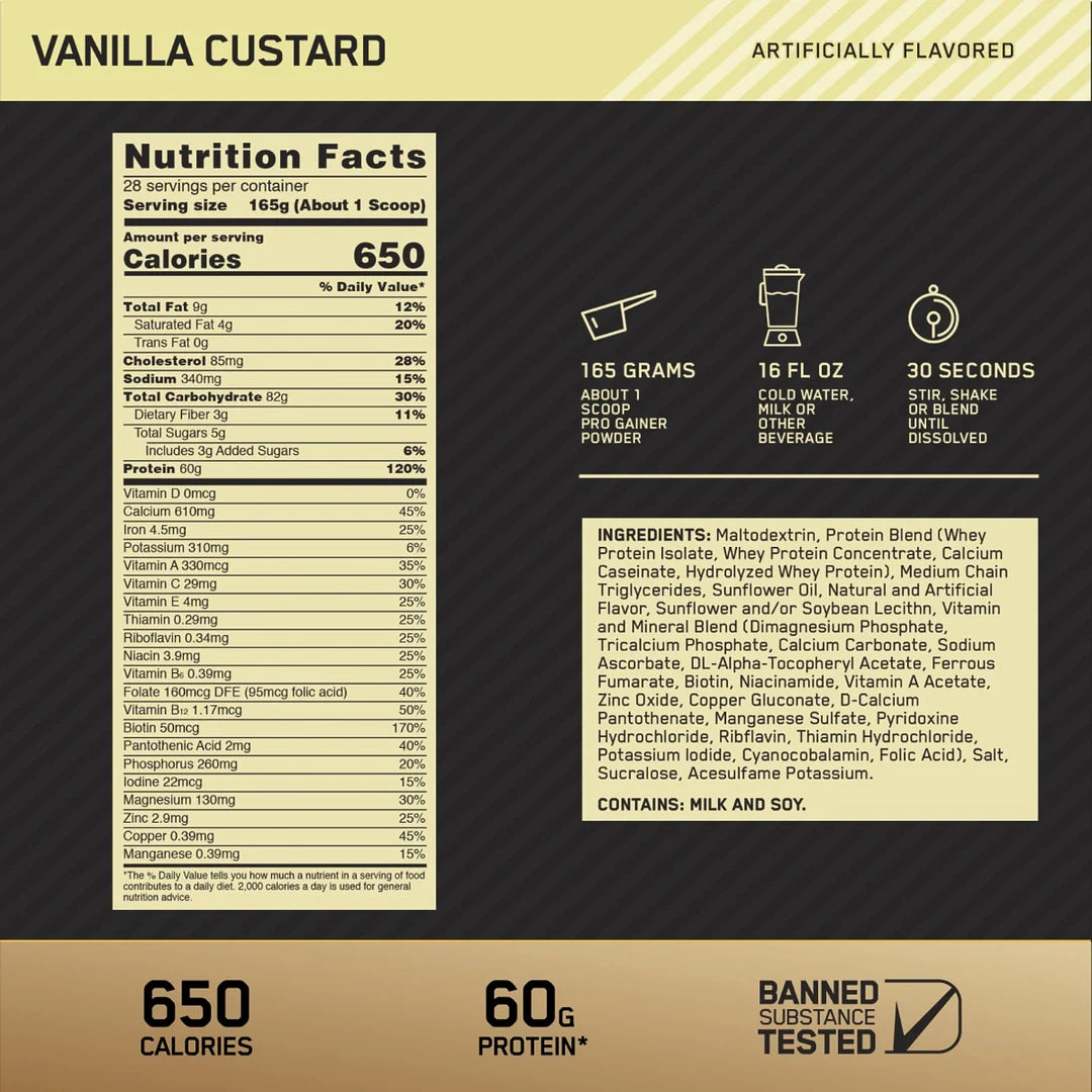 Optimum Nutrition, Gold Standard® Pro Gainer, Vanilla Custard, 5.09 lb (2.31 kg)