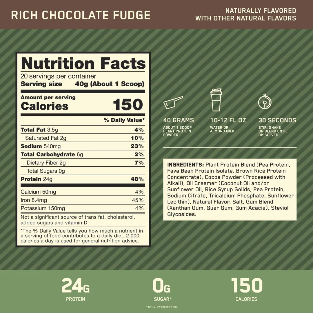 Optimum Nutrition, Gold Standard® 100% Plant Protein, Rich Chocolate Fudge, 1.76 lb (800 g)