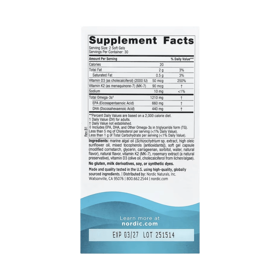 Nordic Naturals, Ultimate Omega®, Plant-Based With D3 + K2, Lemon, 60 Soft Gels