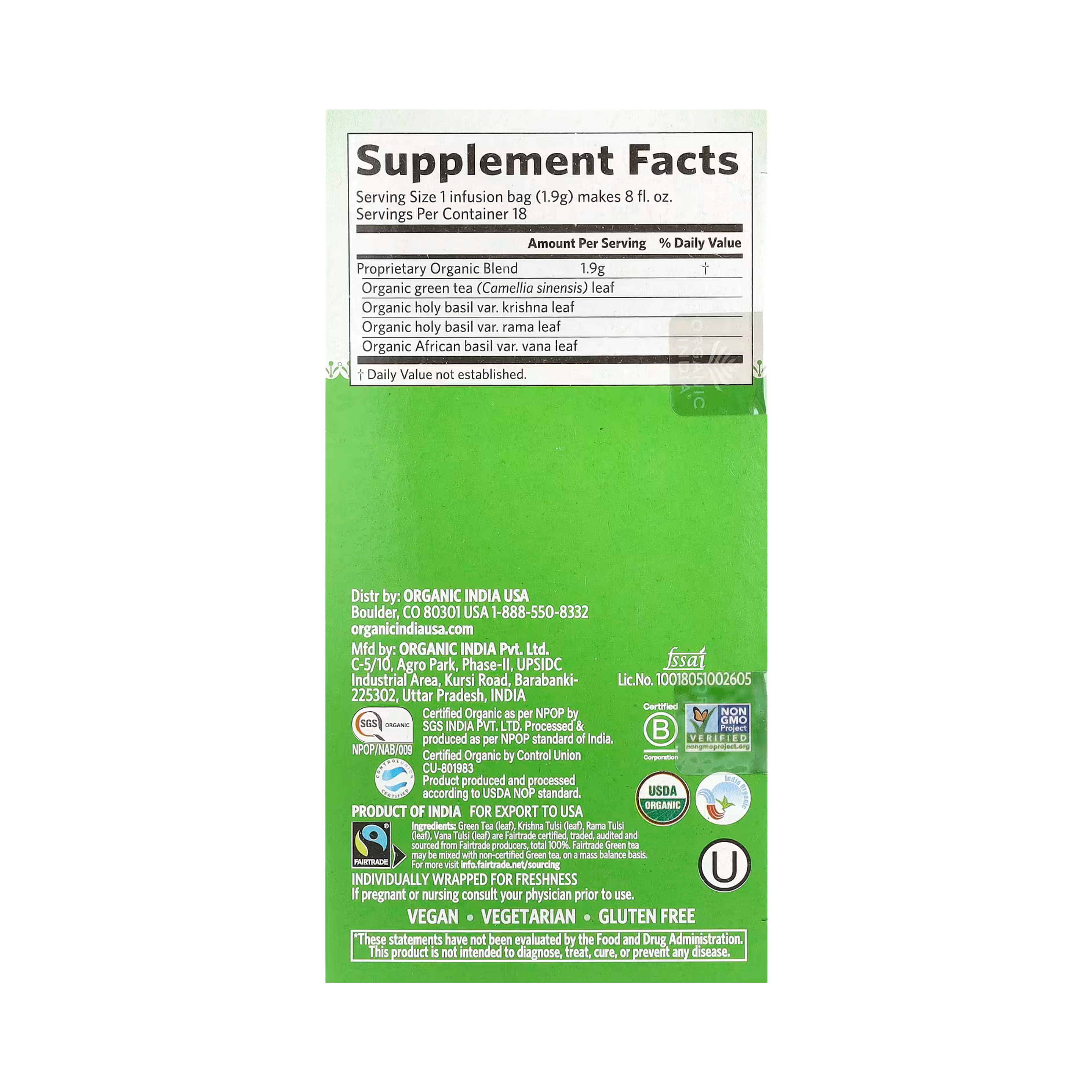 Organic India, Tulsi Tea, Green, 18 Infusion Bags, 1.21 Oz