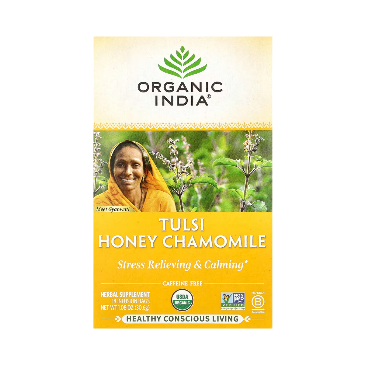 Organic India, Tulsi Tea, Honey Chamomile, Caffeine-Free, 18 Infusion Bags, 1.08 Oz