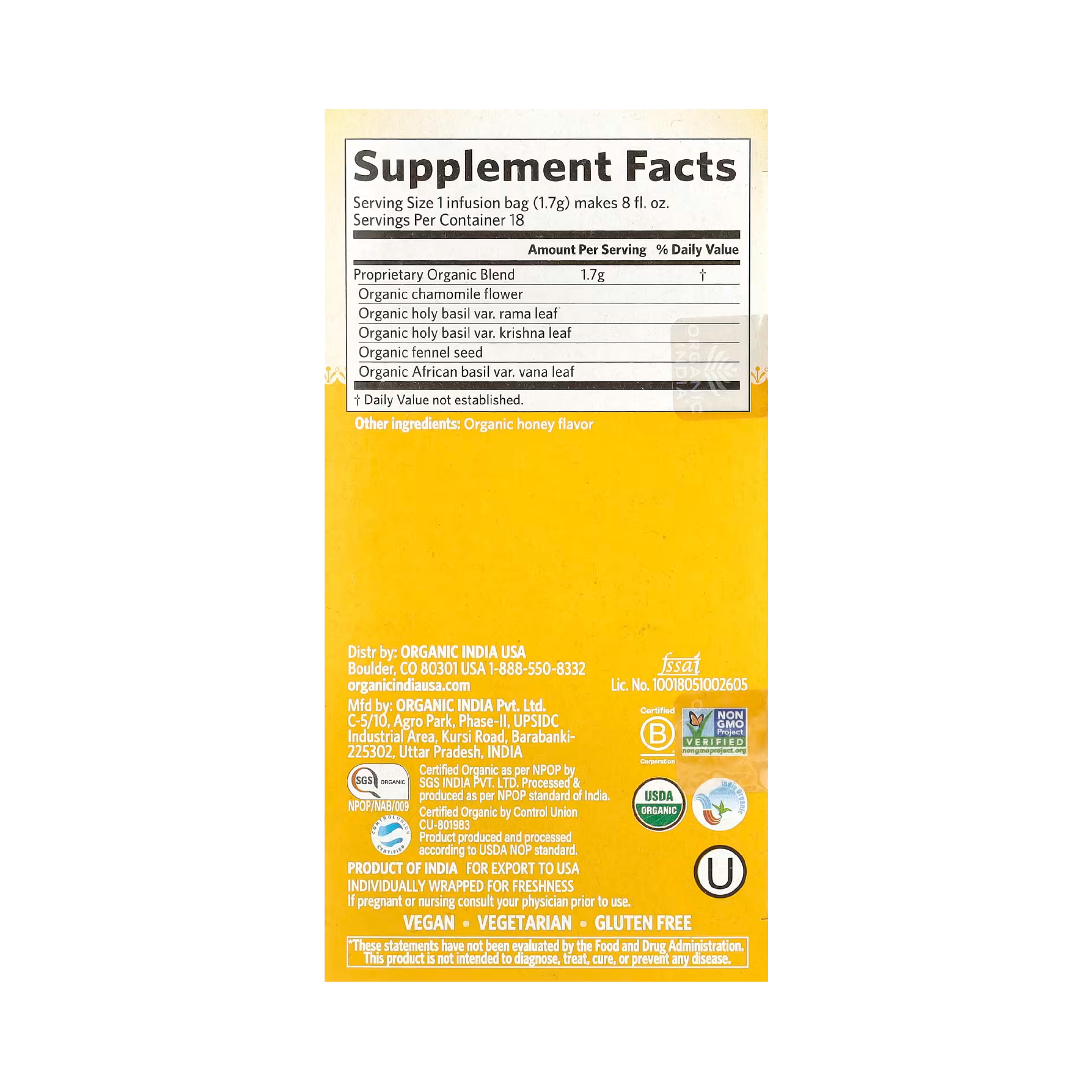 Organic India, Tulsi Tea, Honey Chamomile, Caffeine-Free, 18 Infusion Bags, 1.08 Oz