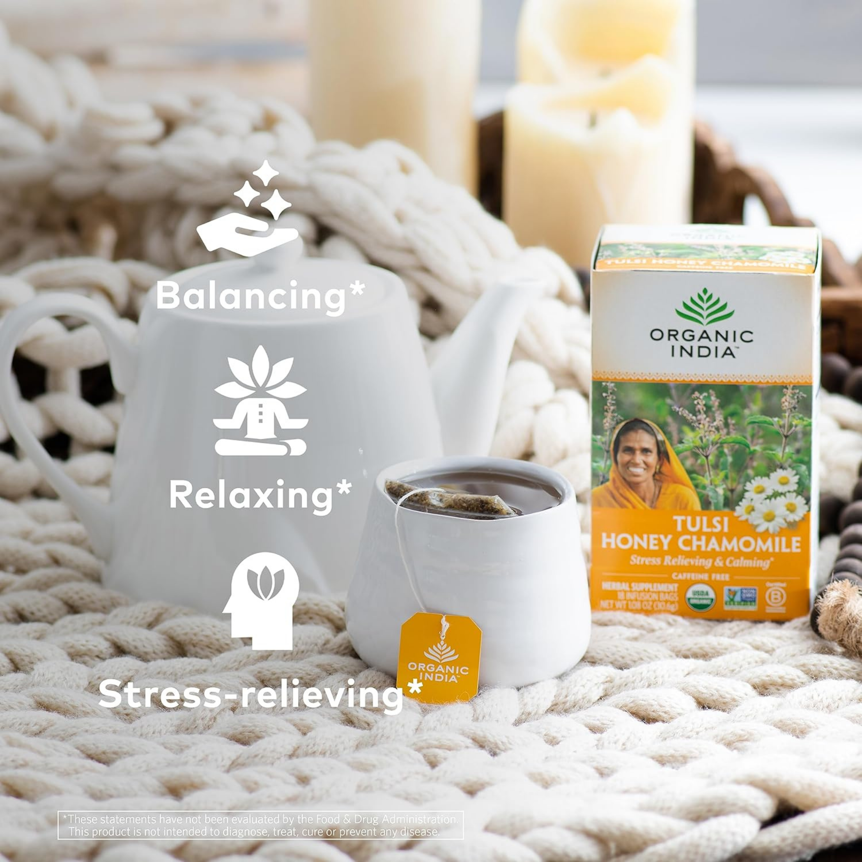 Organic India, Tulsi Tea, Honey Chamomile, Caffeine-Free, 18 Infusion Bags, 1.08 Oz