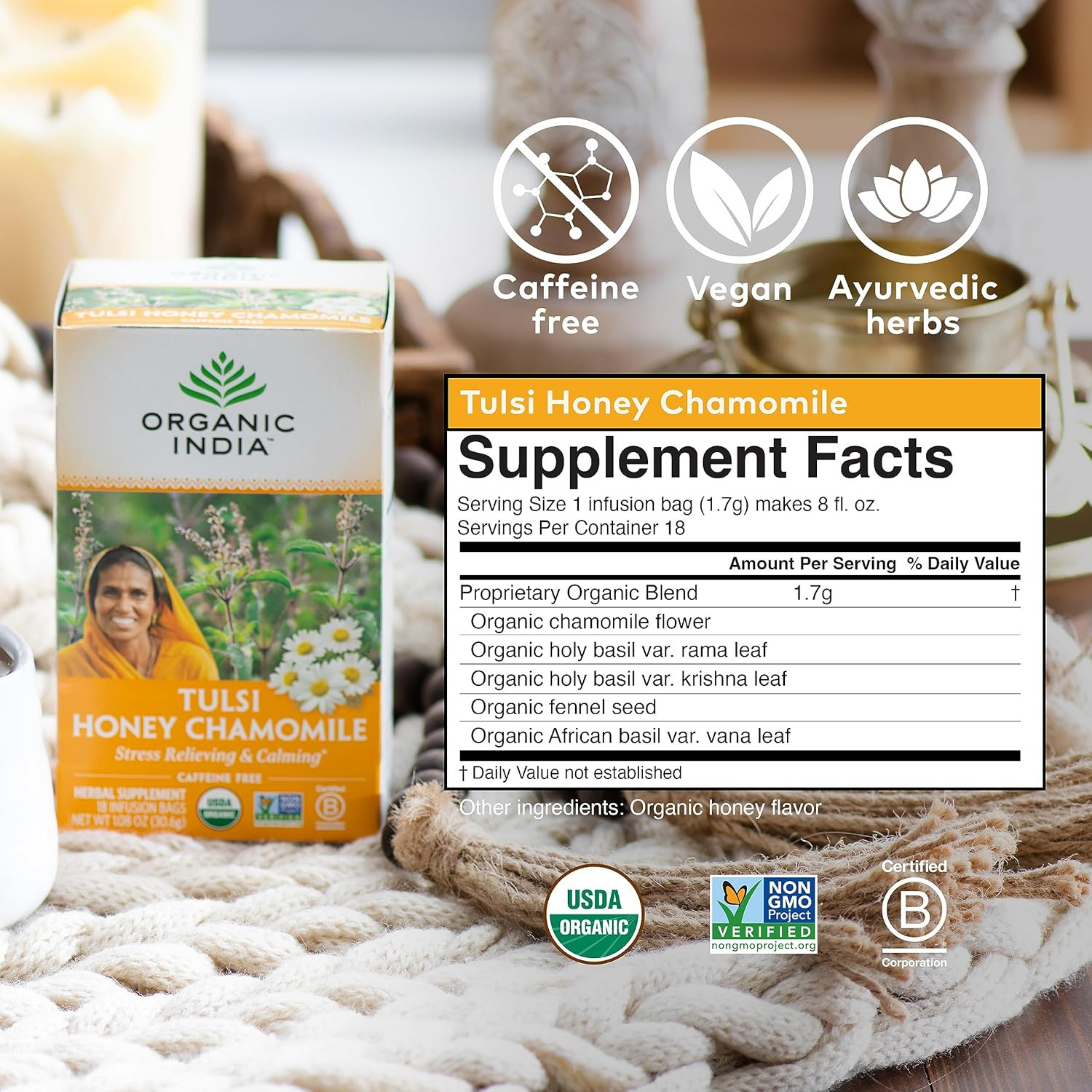Organic India, Tulsi Tea, Honey Chamomile, Caffeine-Free, 18 Infusion Bags, 1.08 Oz