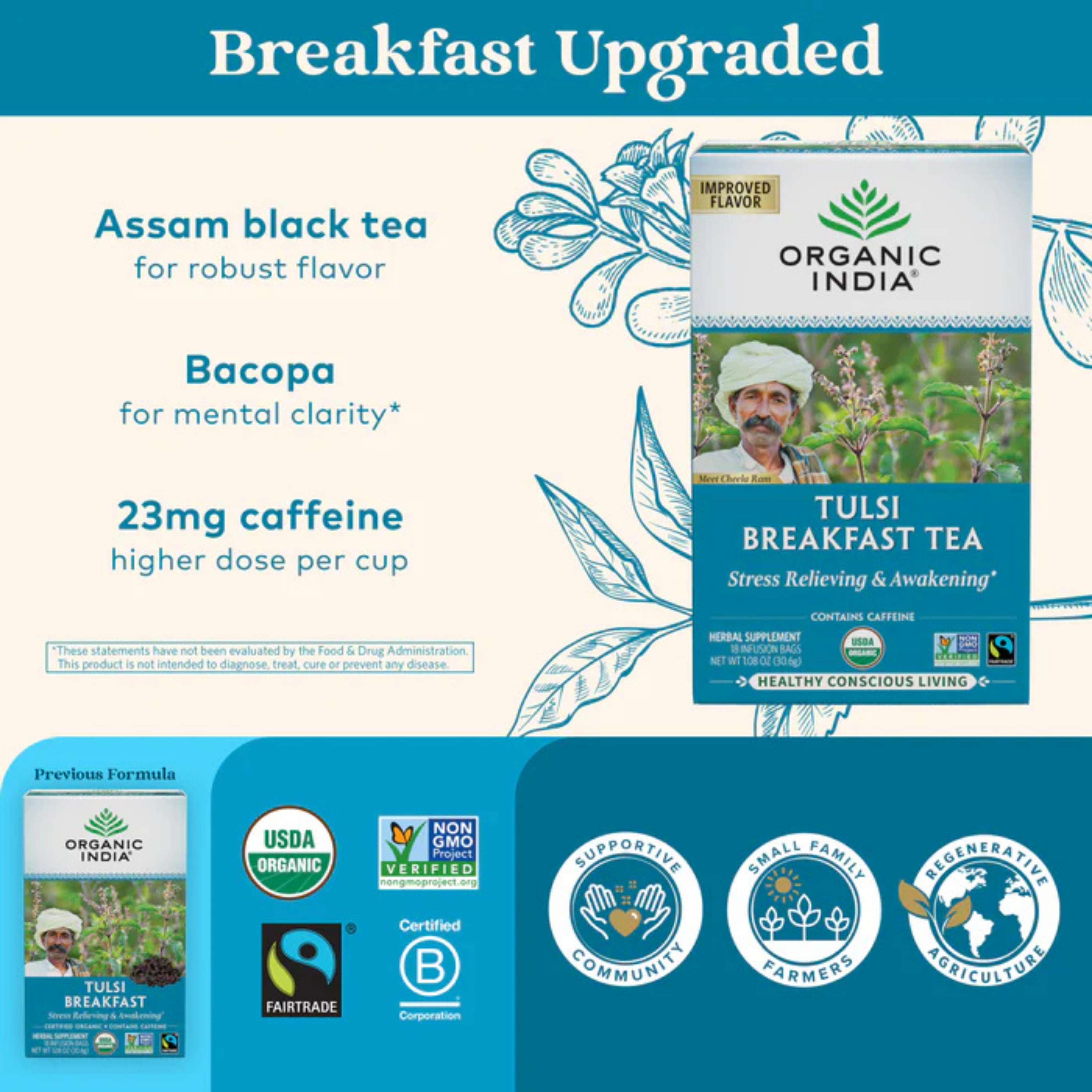 Organic India, Tulsi Tea, Breakfast, 18 Infusion Bags, 1.08 Oz