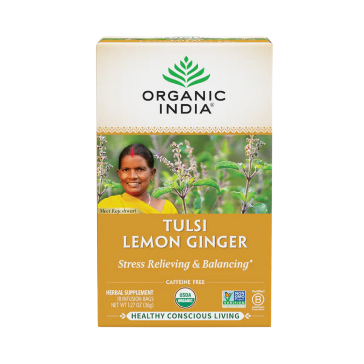 Organic India, Tulsi Tea, Lemon Ginger, Caffeine-Free, 18 Infusion Bags, 1.27 Oz