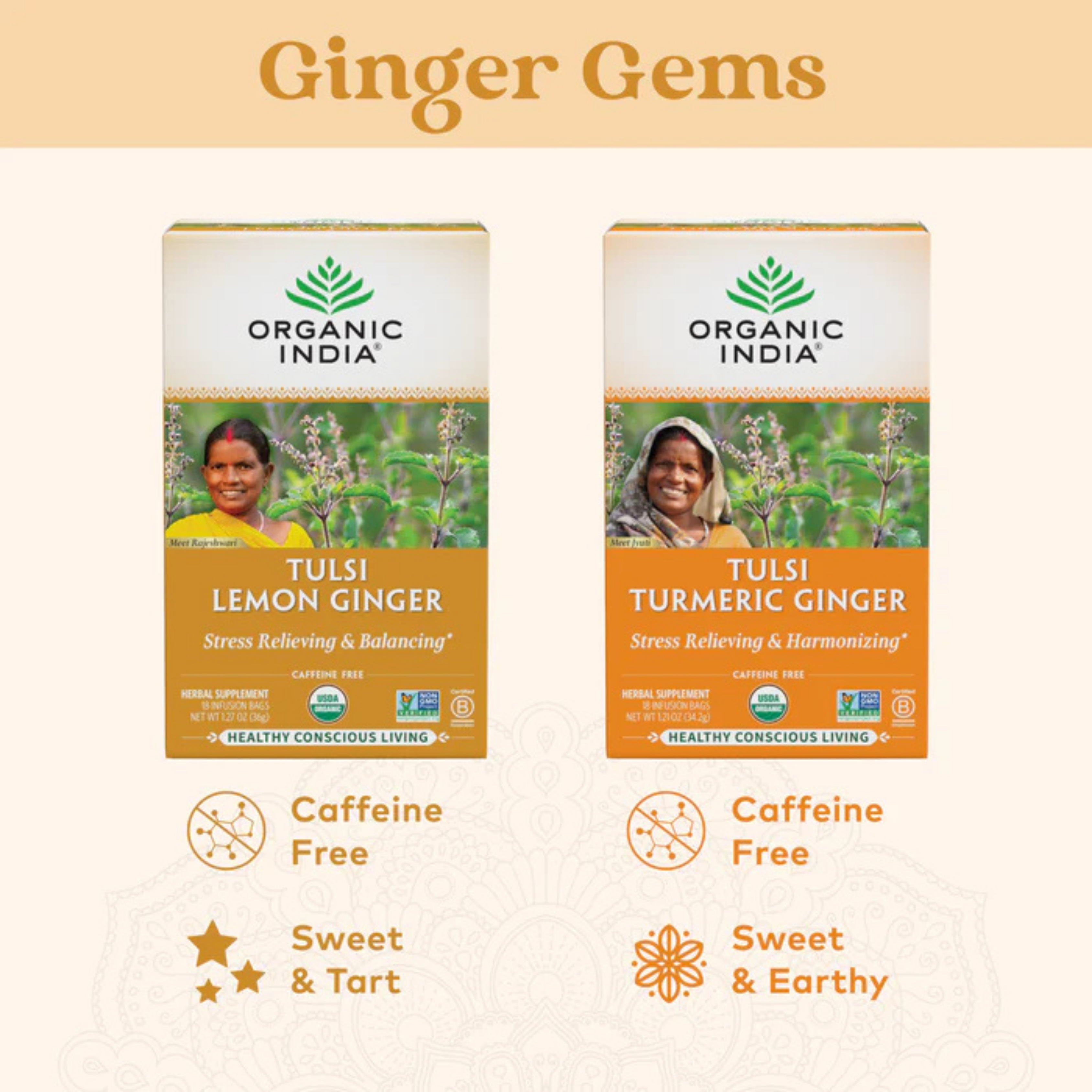 Organic India, Tulsi Tea, Lemon Ginger, Caffeine-Free, 18 Infusion Bags, 1.27 Oz