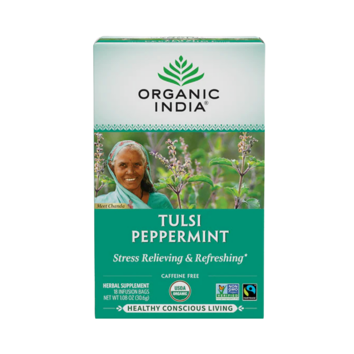 Organic India, Tulsi Tea, Peppermint, Caffeine Free, 18 Infusion Bags, 1.08 Oz