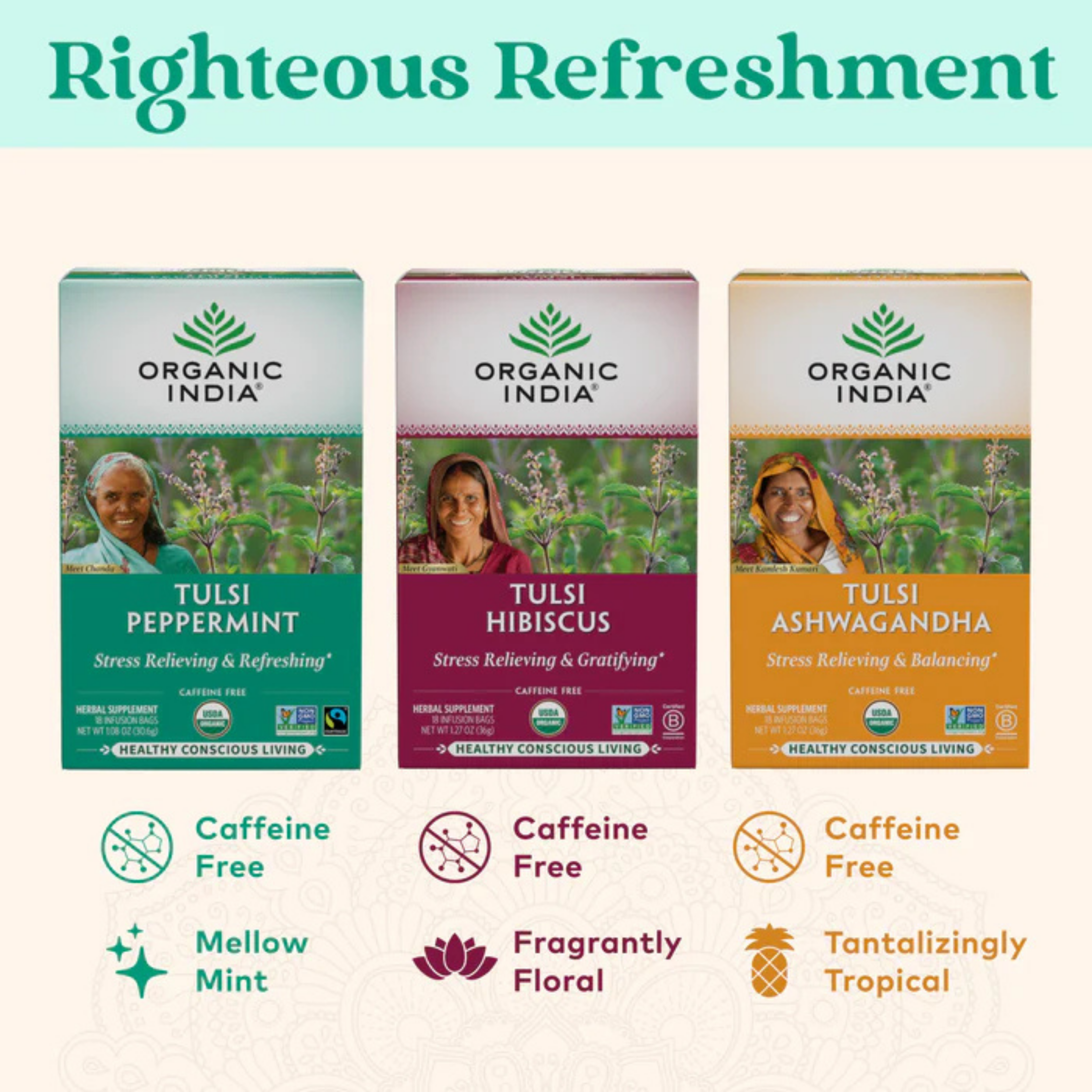 Organic India, Tulsi Tea, Peppermint, Caffeine Free, 18 Infusion Bags, 1.08 Oz