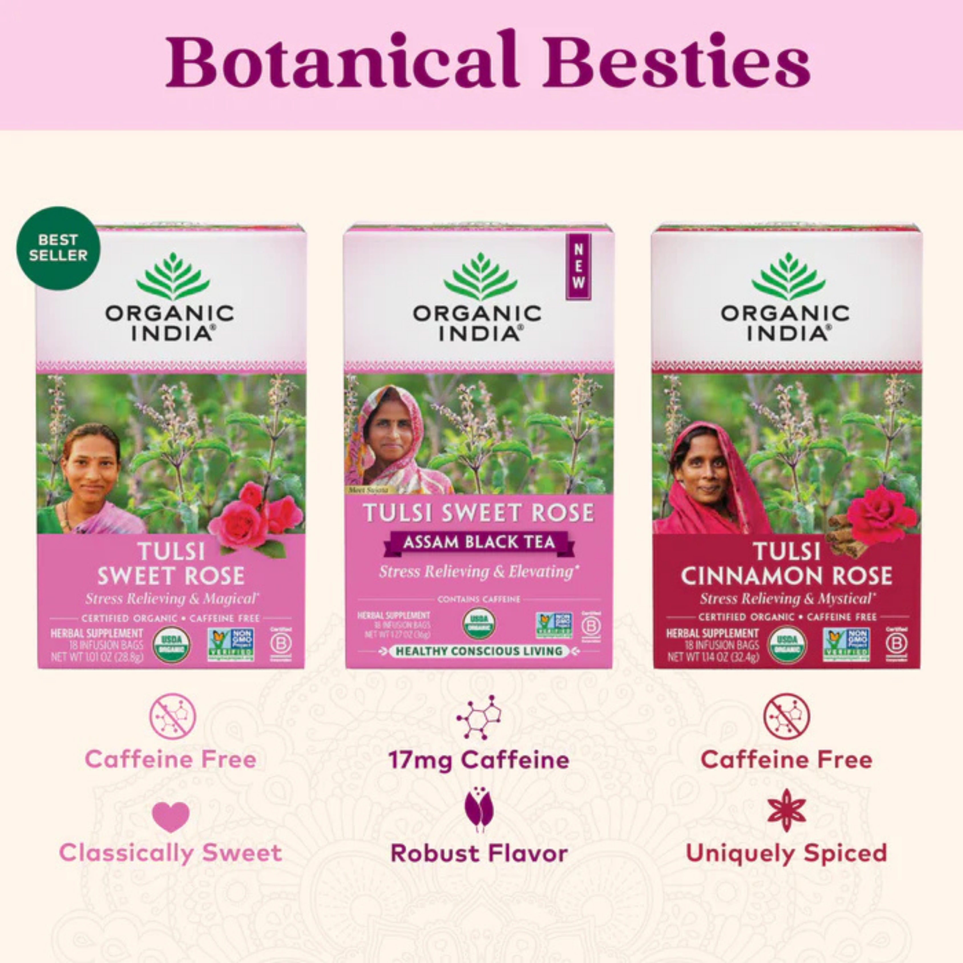 Organic India, Tulsi Tea, Sweet Rose, Caffeine Free, 18 Infusion Bags, 1.01 Oz