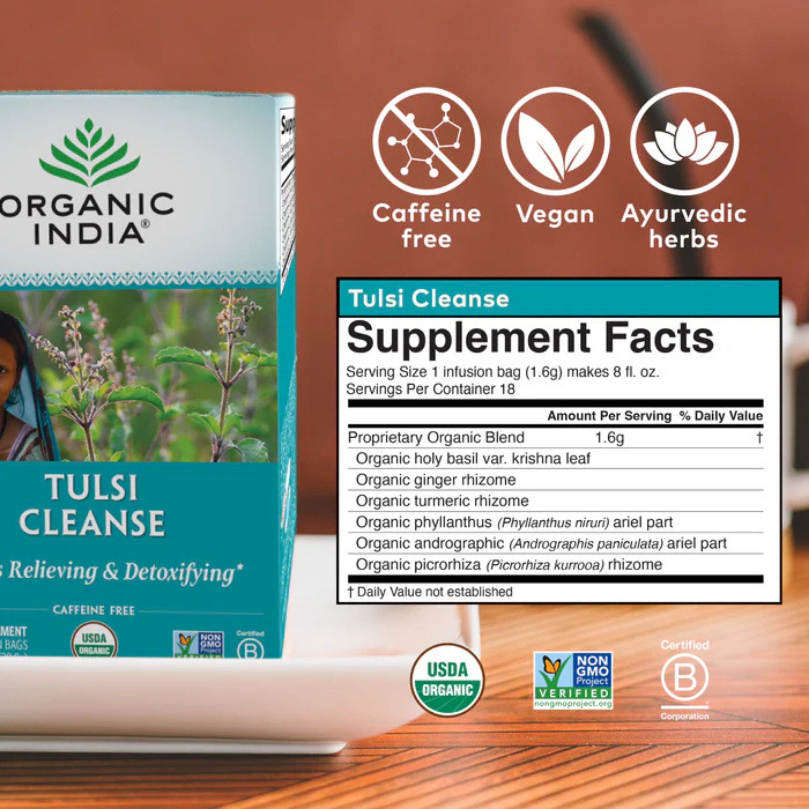 Organic India, Tulsi Cleanse Tea, Caffeine-Free, 18 Infusion Bags, 1.02 Oz