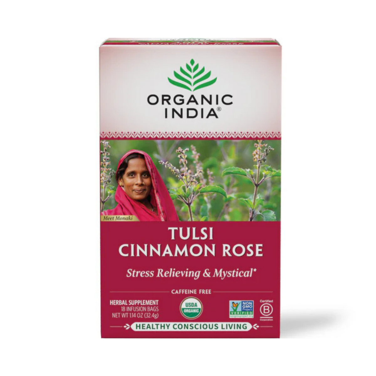 Organic India, Tulsi Tea, Cinnamon Rose, Caffeine-Free, 18 Infusion Bags, 1.14 Oz
