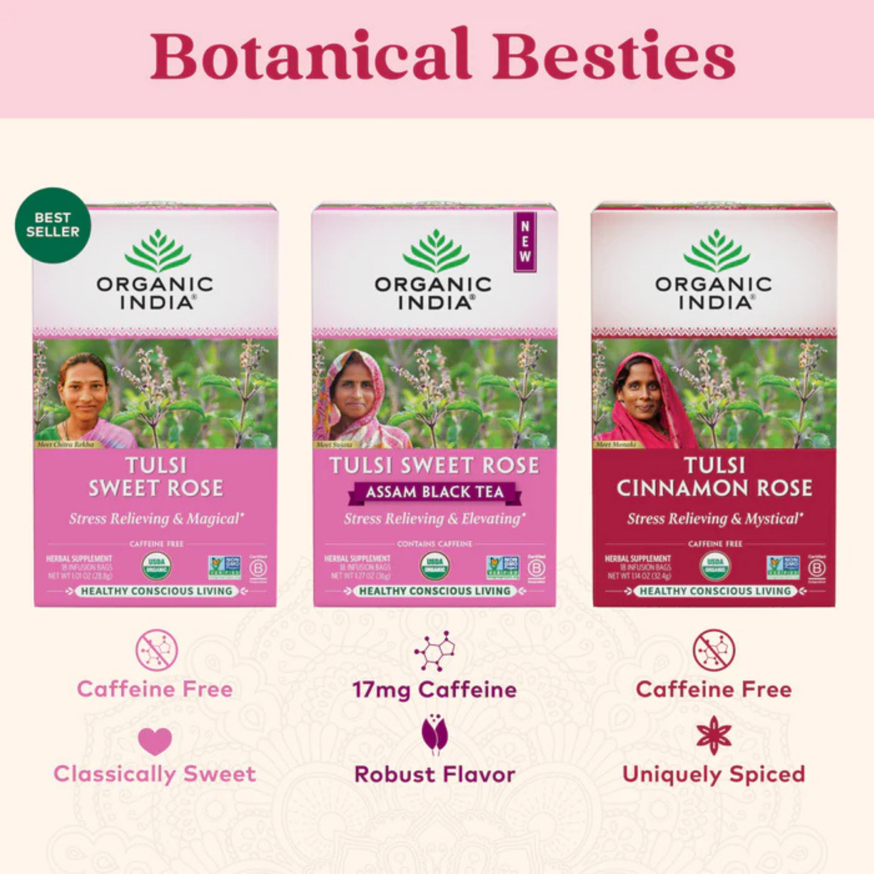 Organic India, Tulsi Tea, Cinnamon Rose, Caffeine-Free, 18 Infusion Bags, 1.14 Oz