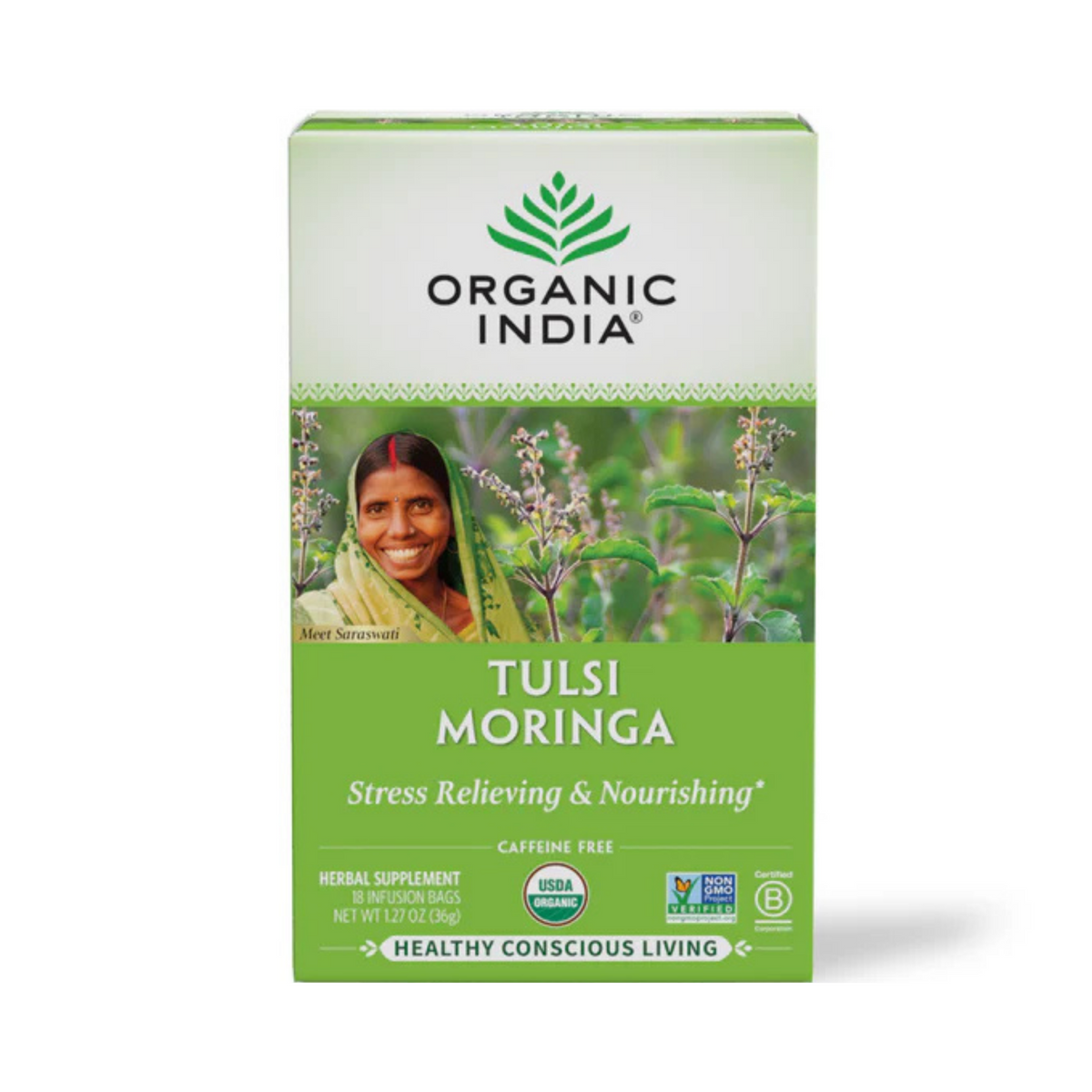 Organic India, Tea, Tulsi Moringa, Caffeine Free, 18 Infusion Bags, 1.27 Oz