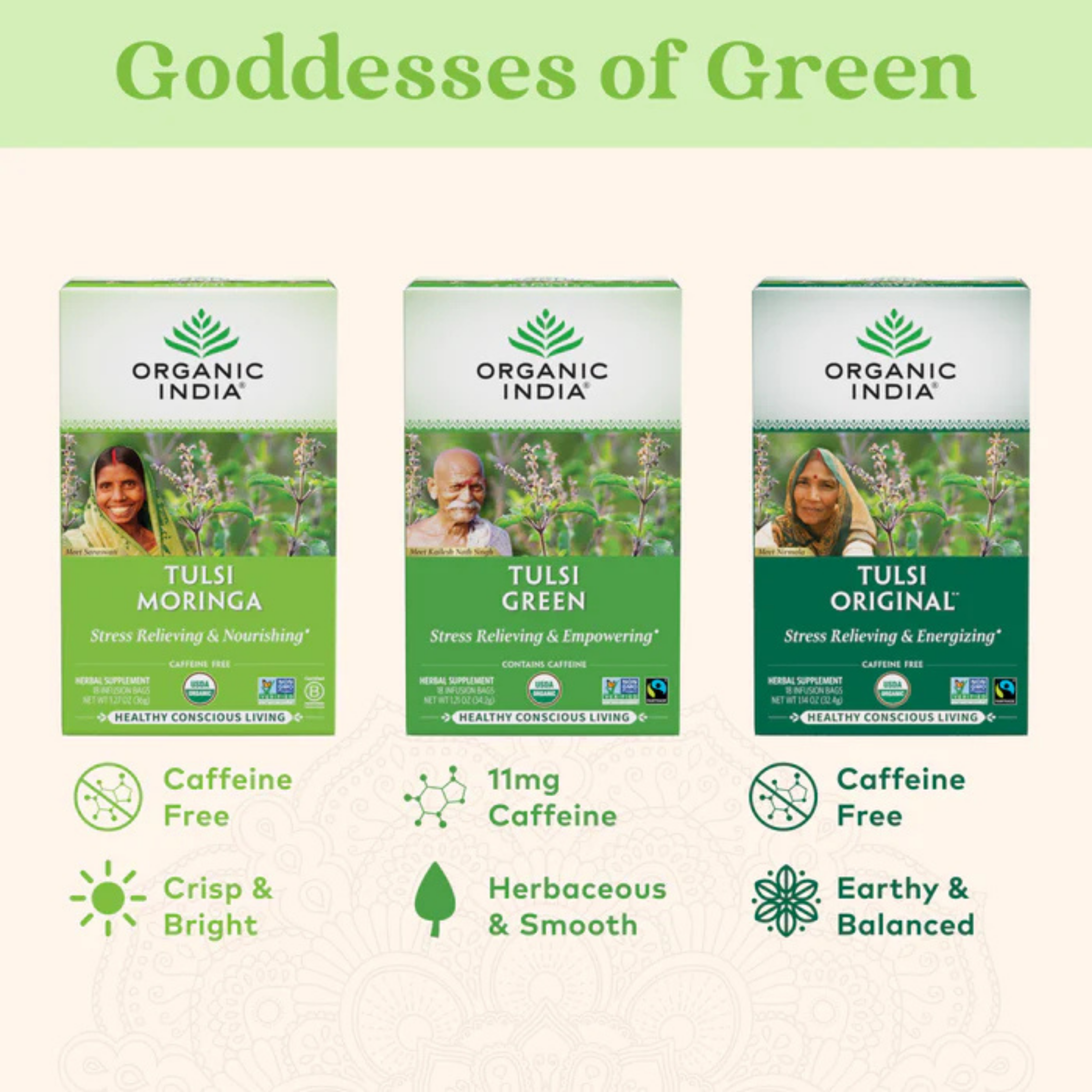 Organic India, Tea, Tulsi Moringa, Caffeine Free, 18 Infusion Bags, 1.27 Oz
