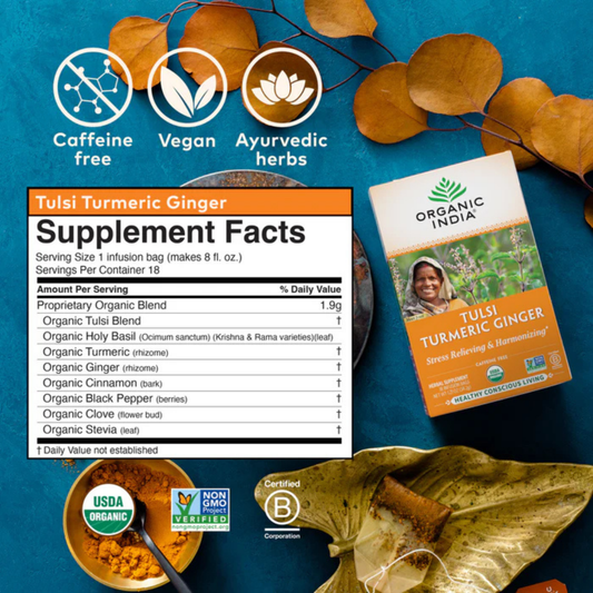 Organic India, Tulsi Tea, Turmeric Ginger, Caffeine-Free, 18 Infusion Bags, 1.2 Oz