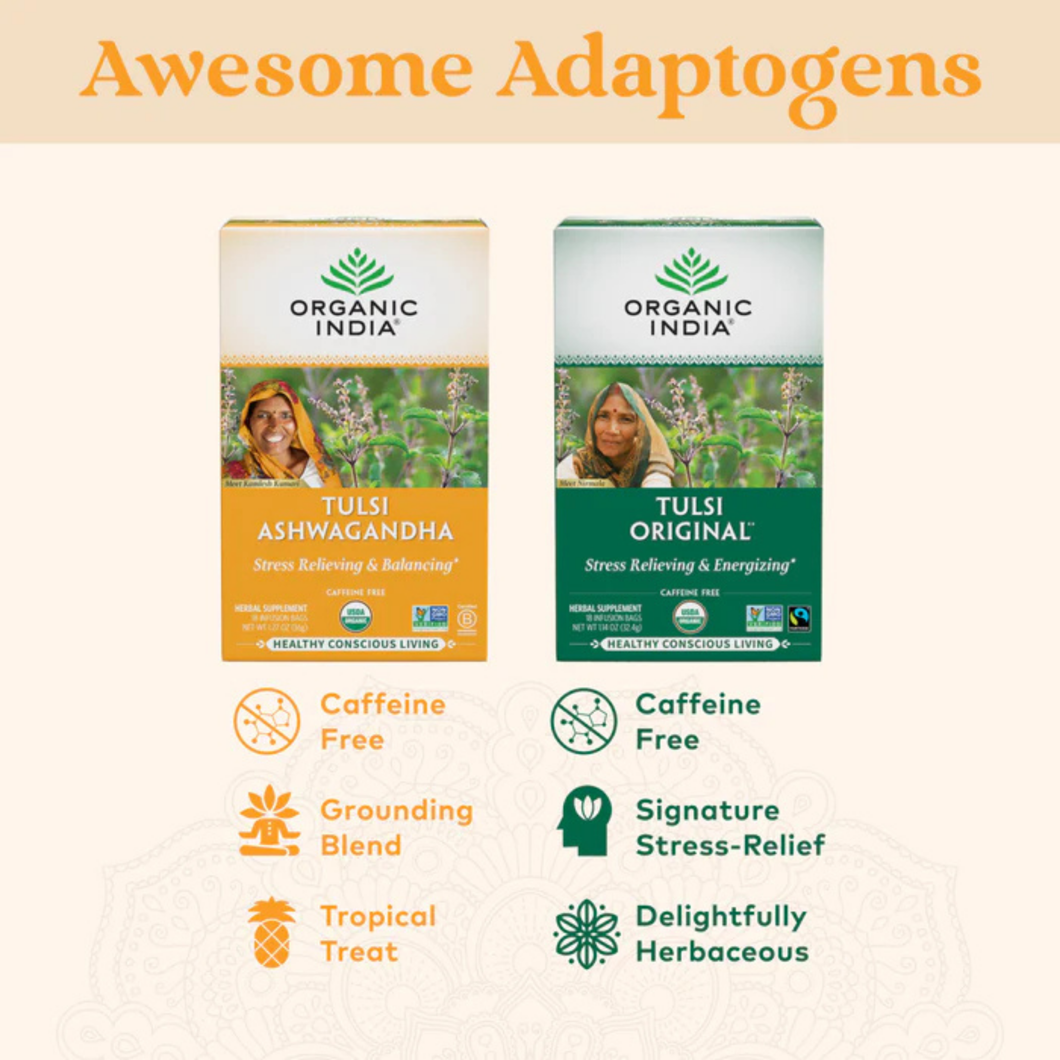 Organic India, Tulsi Tea, Ashwagandha, Caffeine Free, 18 Infusion Bags, 1.27 Oz
