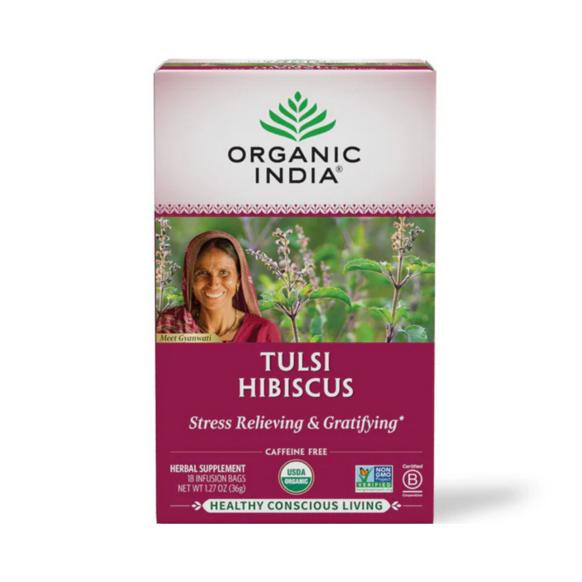 Organic India, Tulsi Hibiscus Tea, Caffeine-Free, 18 Infusion Bags, 1.27 Oz