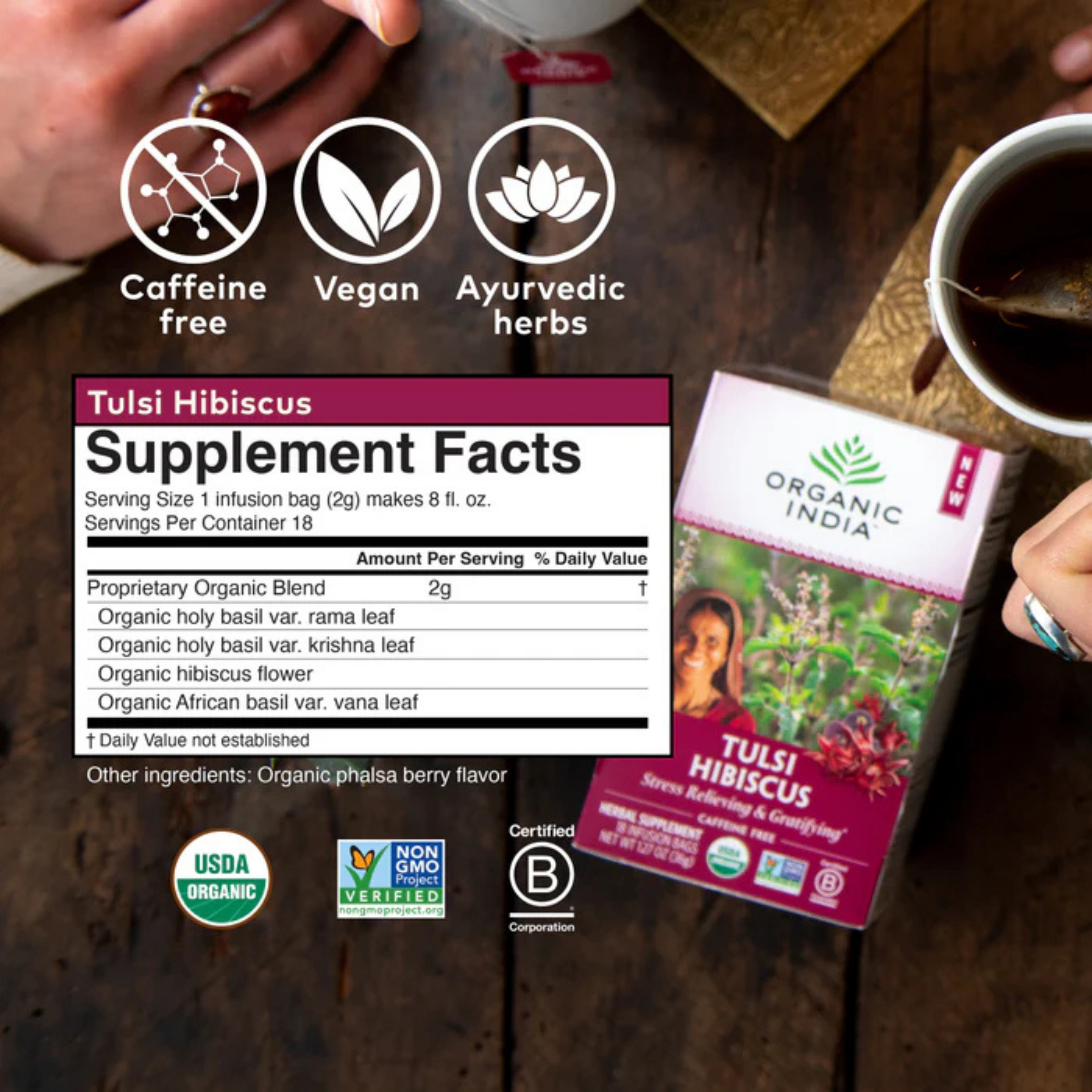 Organic India, Tulsi Hibiscus Tea, Caffeine-Free, 18 Infusion Bags, 1.27 Oz