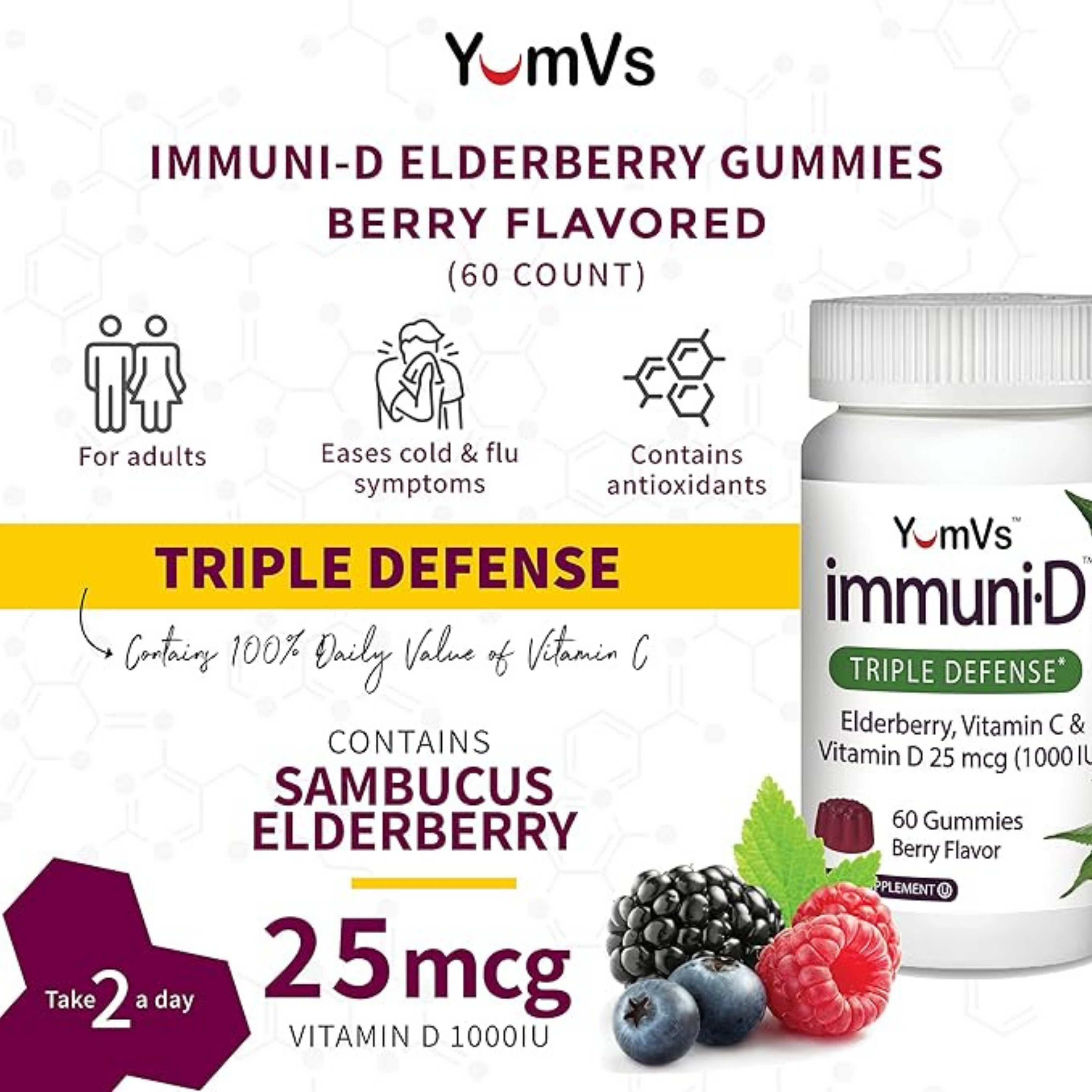 YumVs, Immuni-D, Triple Defense, Berry Flavor, 60 Gummies