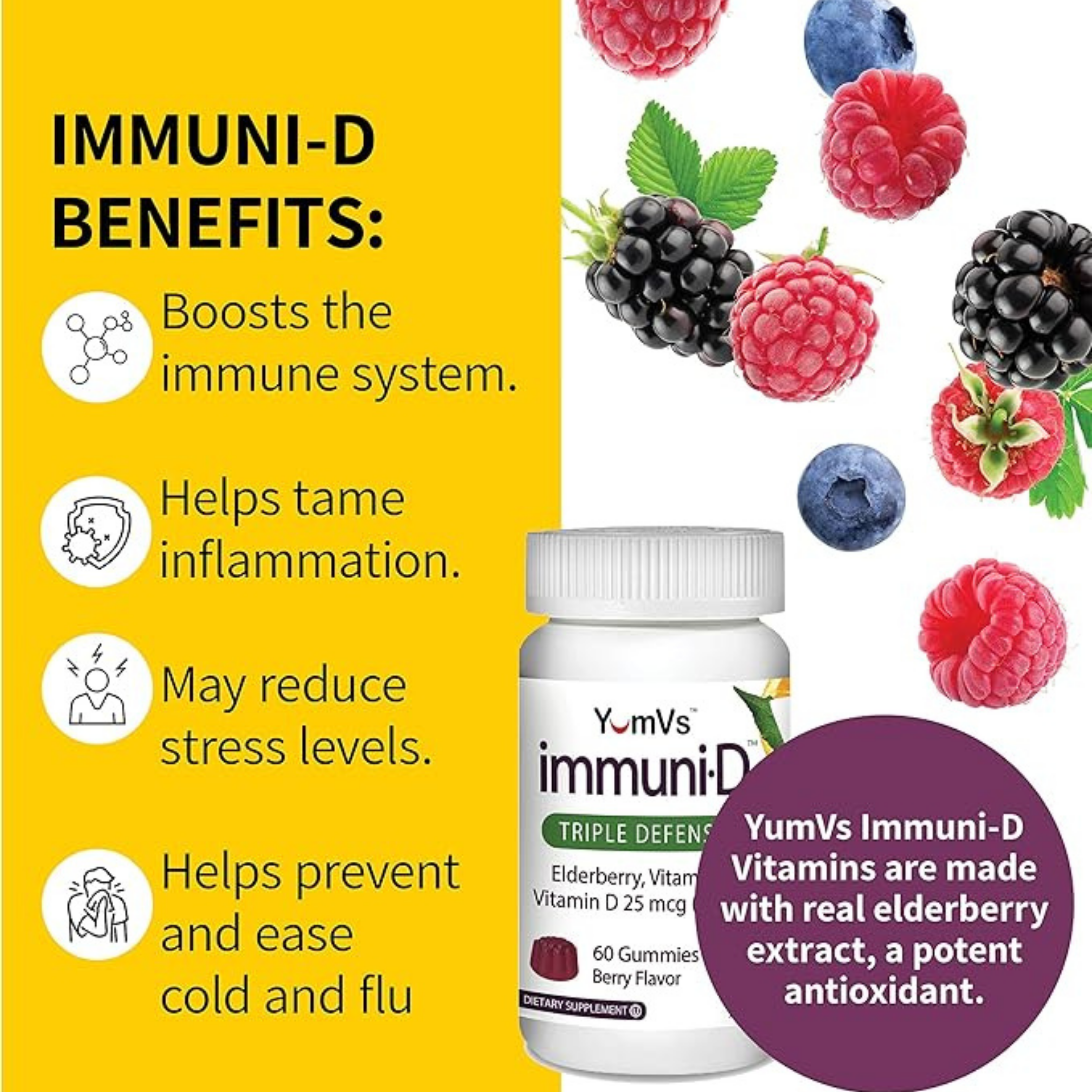 YumVs, Immuni-D, Triple Defense, Berry Flavor, 60 Gummies
