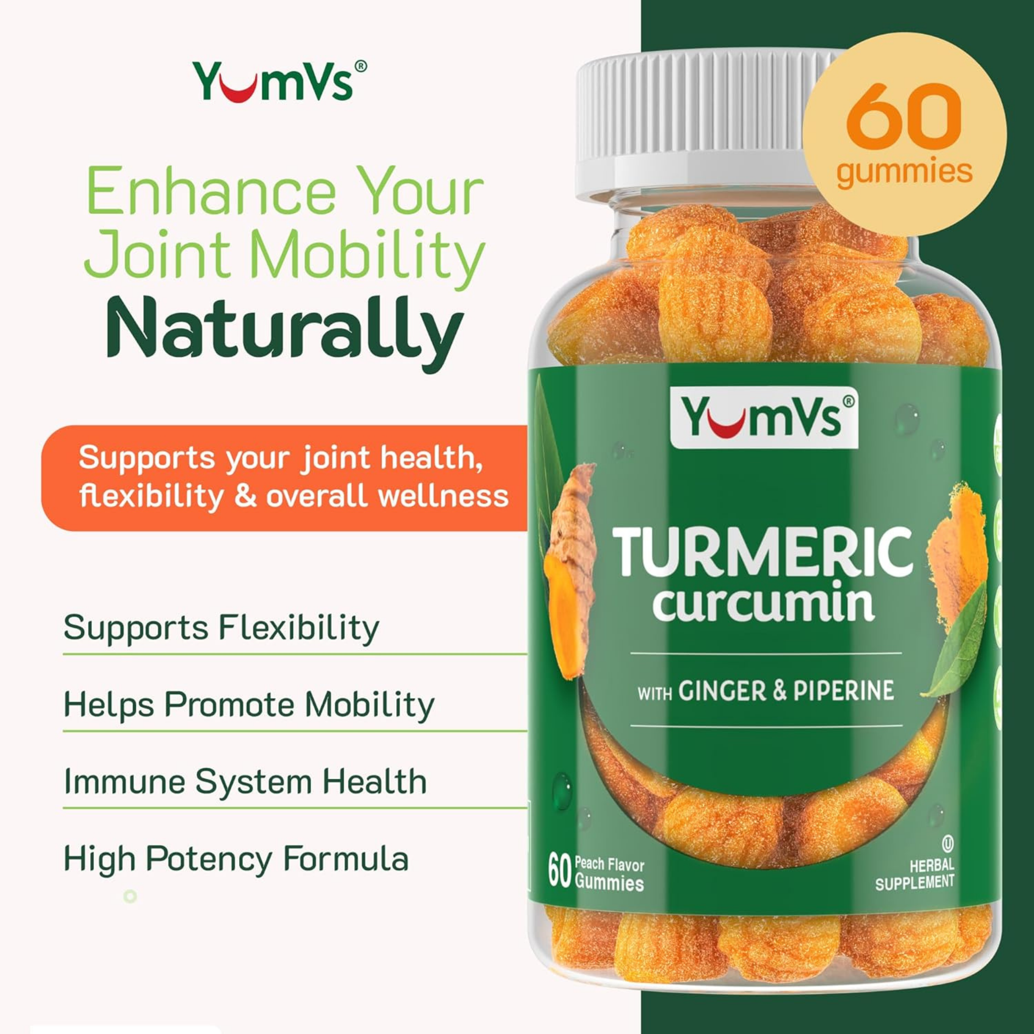 YumVs, Turmeric Curcumin With Ginger & Piperine, Peach Flavor, 60 Gummies