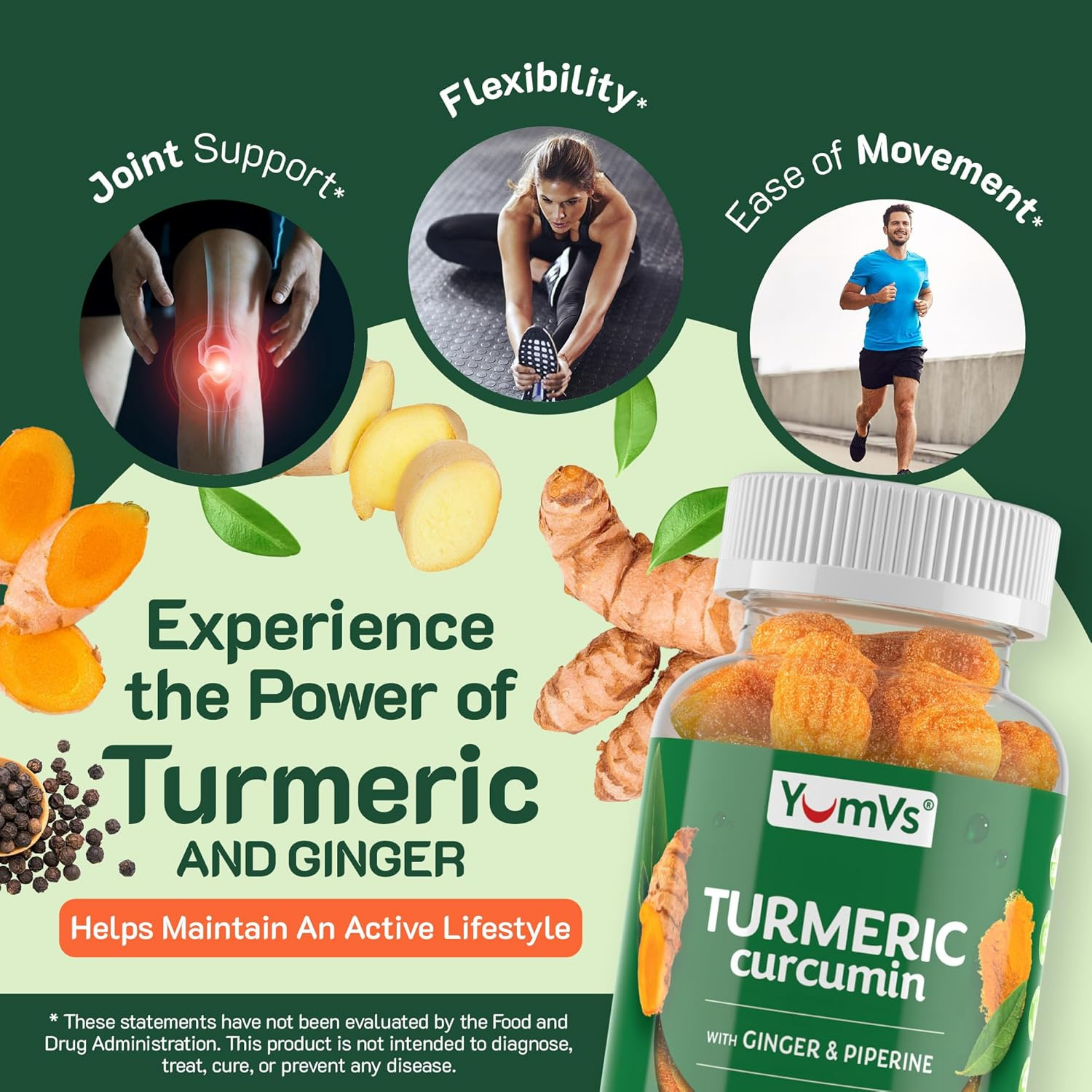 YumVs, Turmeric Curcumin With Ginger & Piperine, Peach Flavor, 60 Gummies