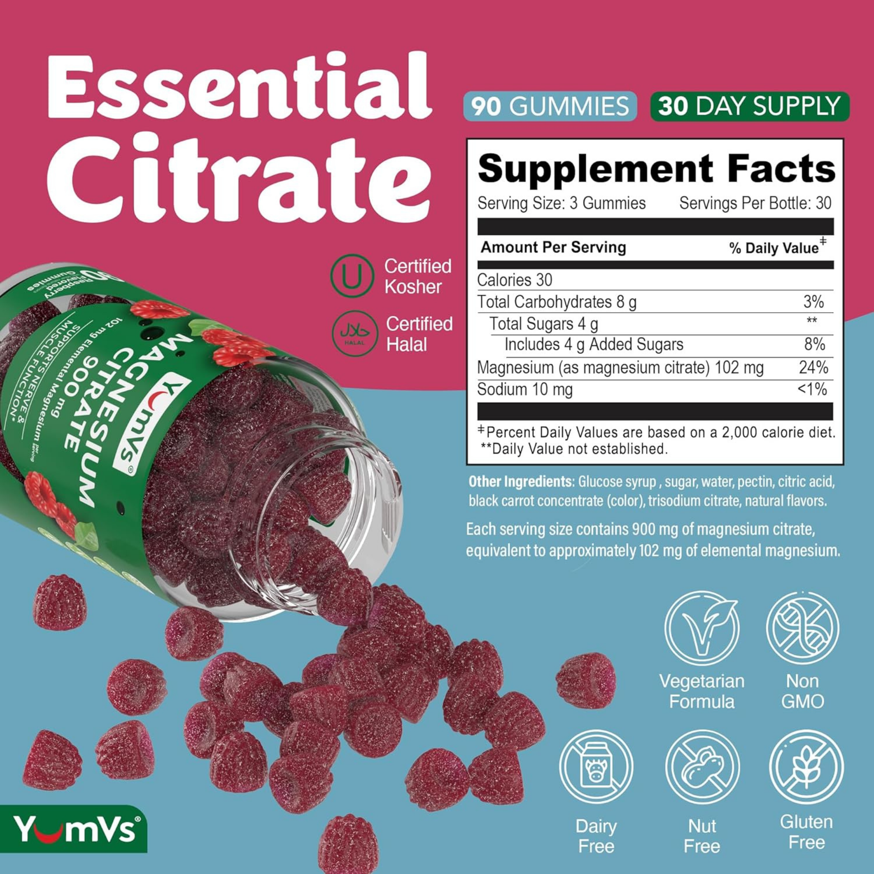 YumVs, Magnesium Citrate, Raspberry Flavor, 900mg, 90 Gummies