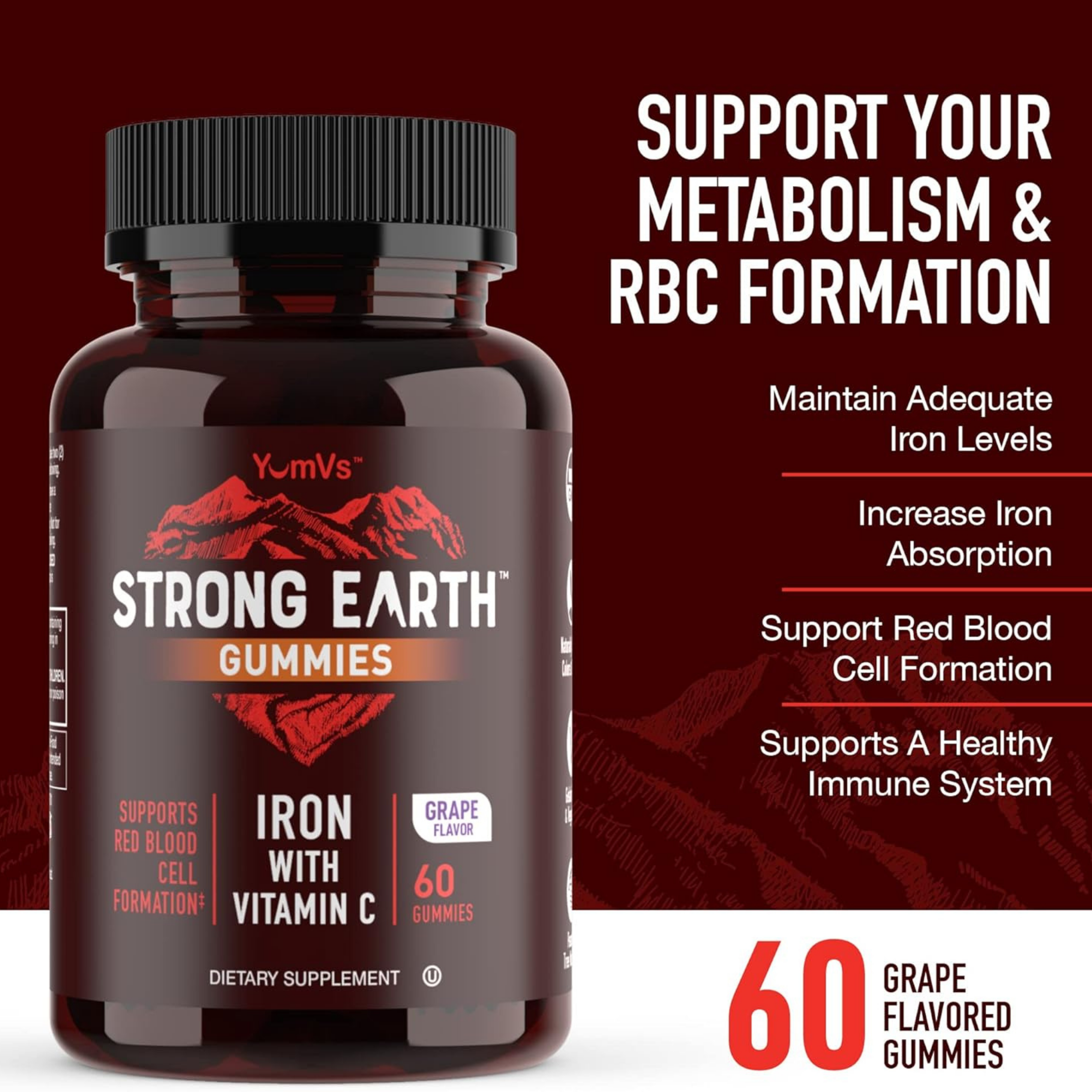 YumVs, Strong Earth Gummies, Iron with Vitamin C, Grape, 60 Gummies