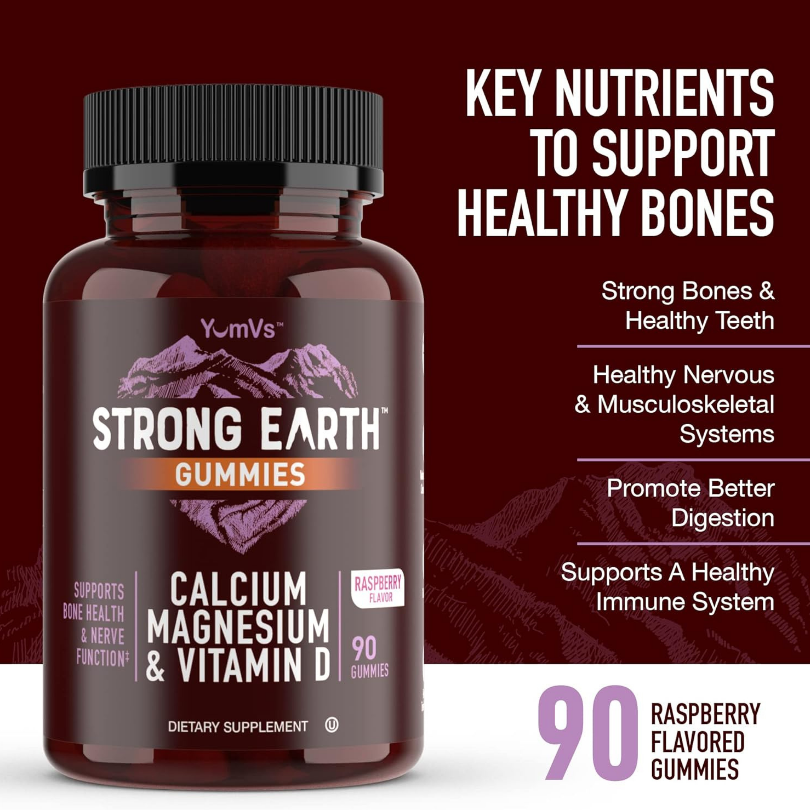 YumVs, Strong Earth Gummies, Calcium, Magnesium & Zinc + Vitamin D, Raspberry, 90 Gummies