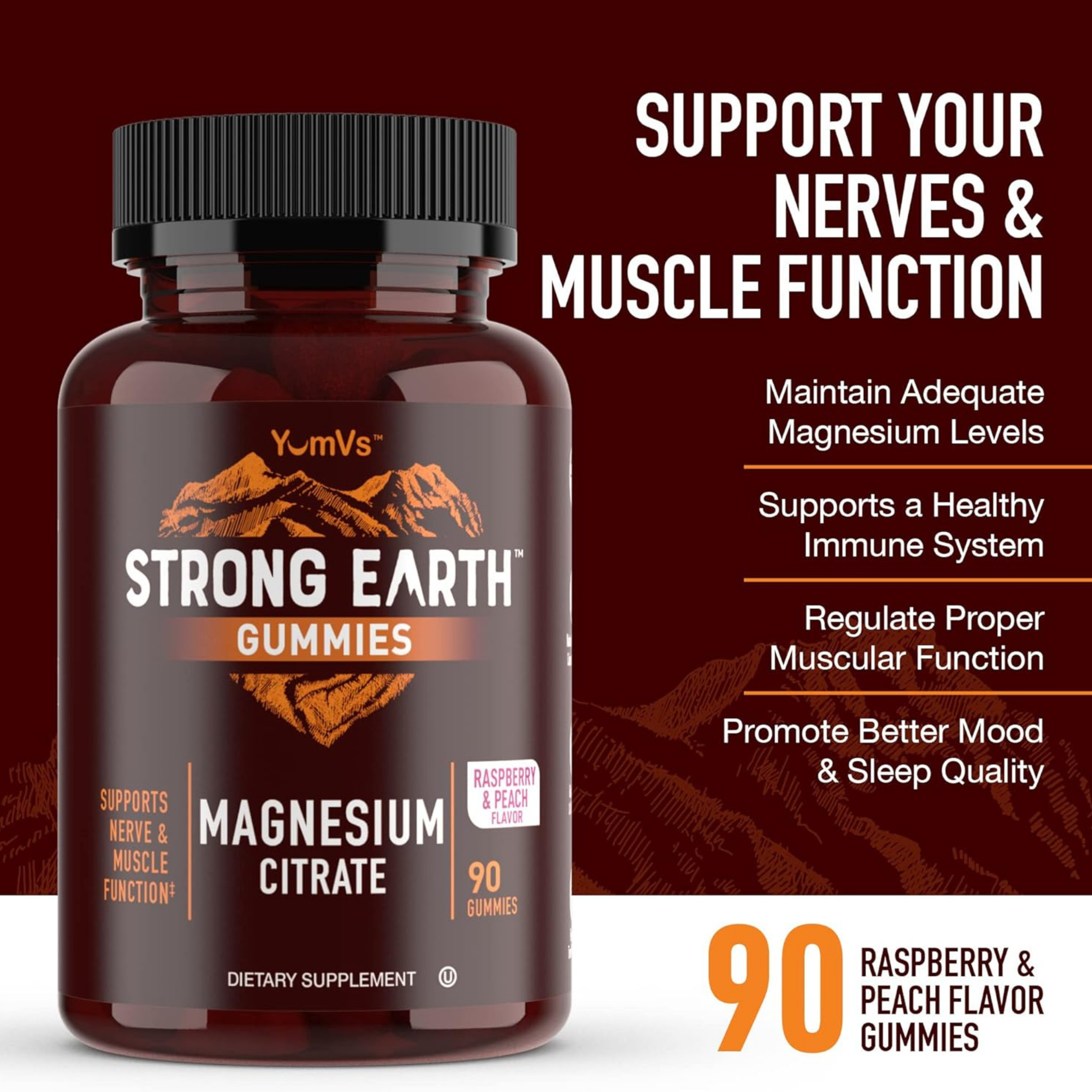 YumVs, Strong Earth Gummies, Magnesium Citrate, Raspberry & Peach, 90 Gummies