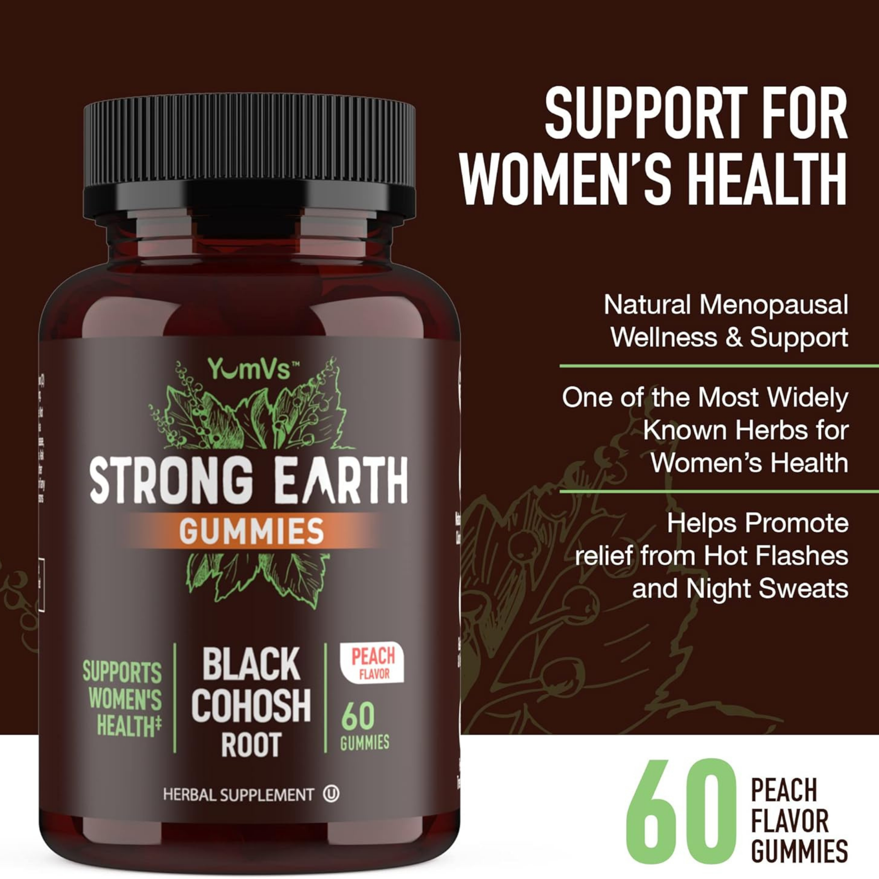 YumVs, Strong Earth Gummies, Black Cohosh Root, Peach, 60 Gummies