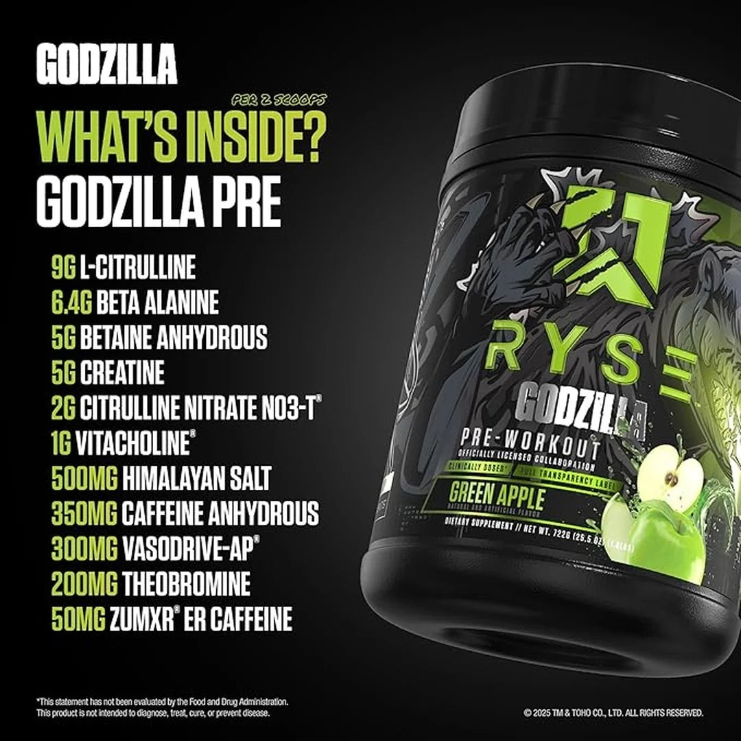 RYSE, Godzilla X Noel Deyzel Pre Workout Powder, Green Apple, 722 g