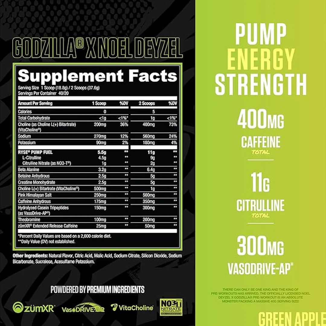 RYSE, Godzilla X Noel Deyzel Pre Workout Powder, Green Apple, 722 g