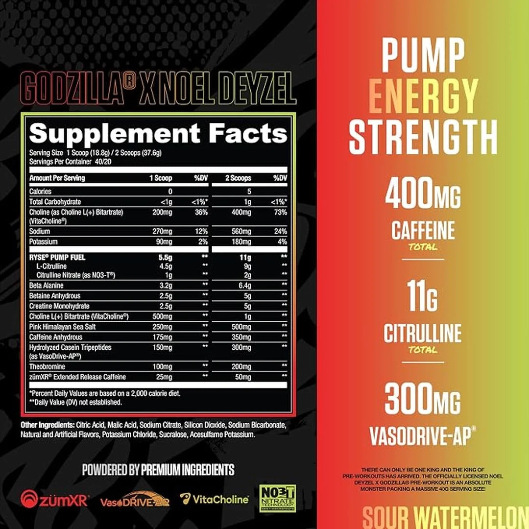 RYSE, Godzilla X Noel Deyzel Pre Workout Powder, Sour Watermelon, 752 g