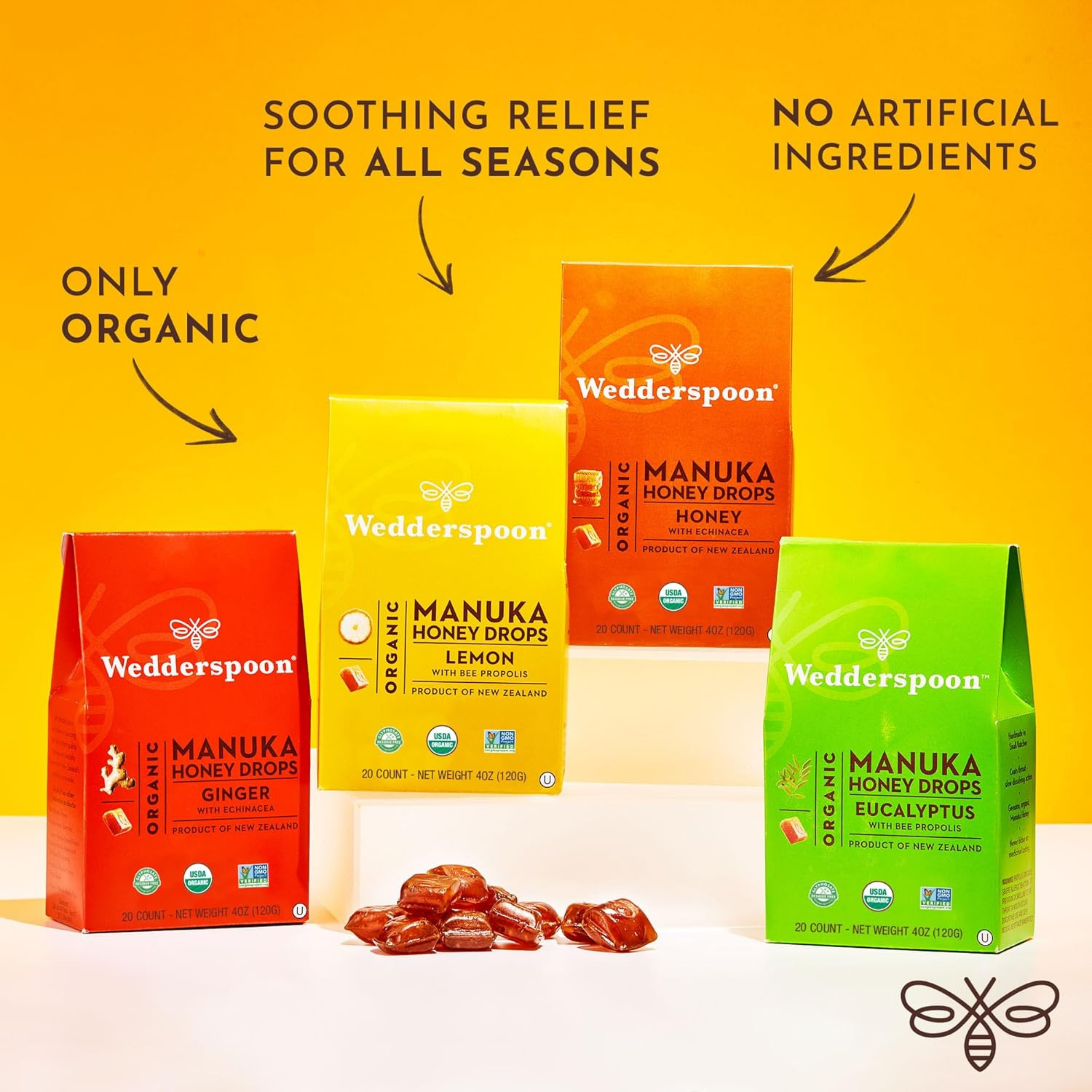 Wedderspoon, Organic Manuka Honey Drops, Lemon With Bee Propolis, 20 Count, 4 oz, 120 g