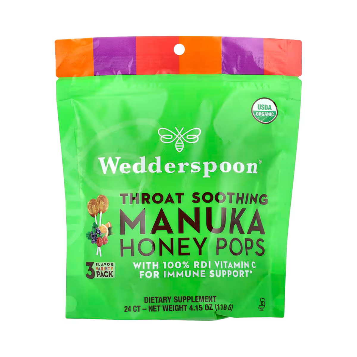 Wedderspoon, Throat Soothing Manuka Honey Pops, 3 Flavor Variety Pack, 24 Count, 4.15 oz, 118 g