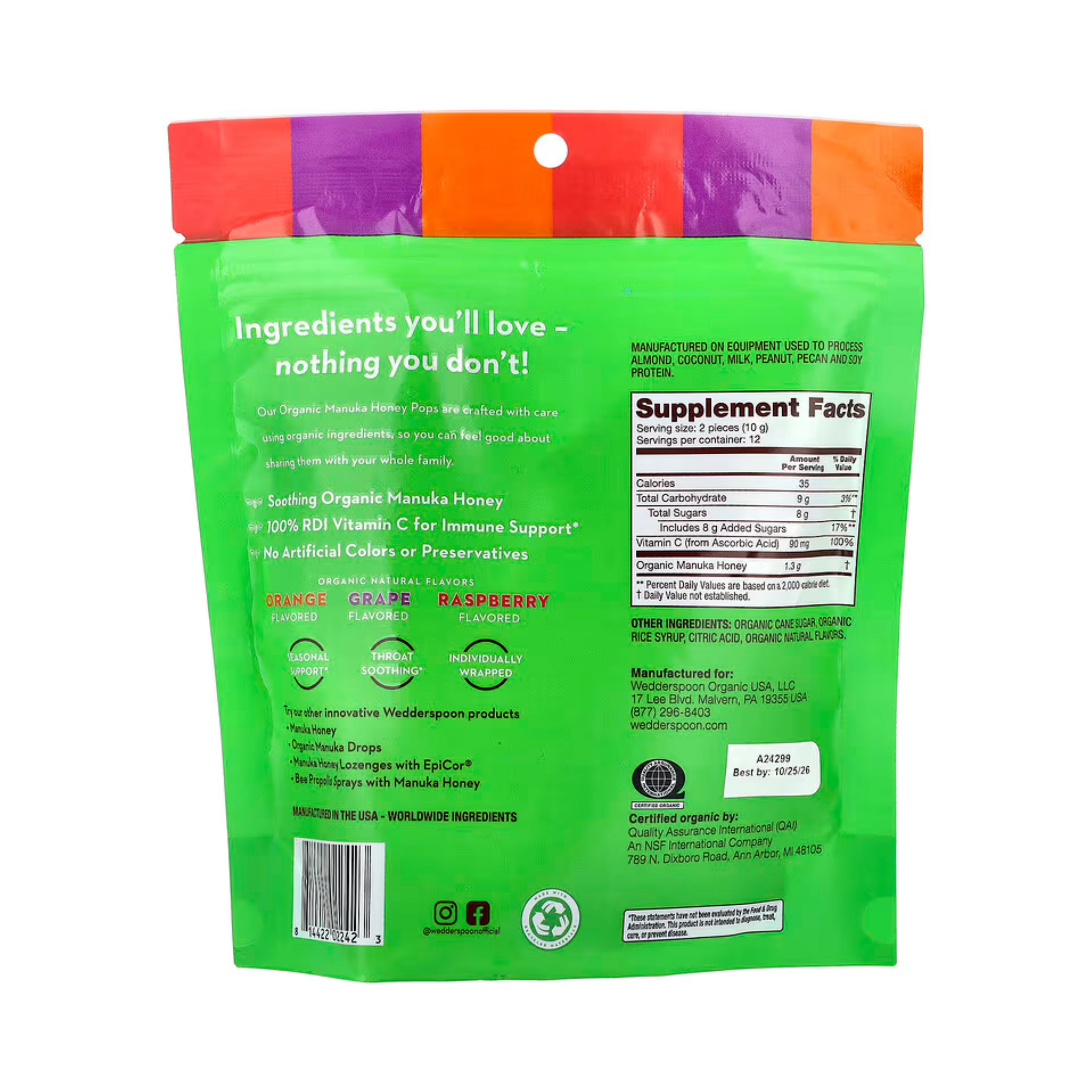 Wedderspoon, Throat Soothing Manuka Honey Pops, 3 Flavor Variety Pack, 24 Count, 4.15 oz, 118 g