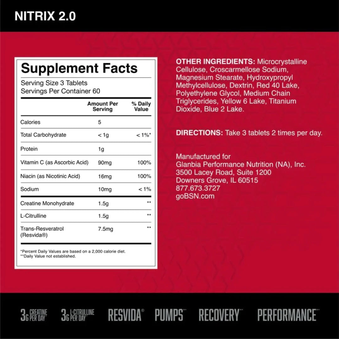 BSN, Nitrix® 2.0, Concentrated Nitric Oxide Precursor, 180 Tablets