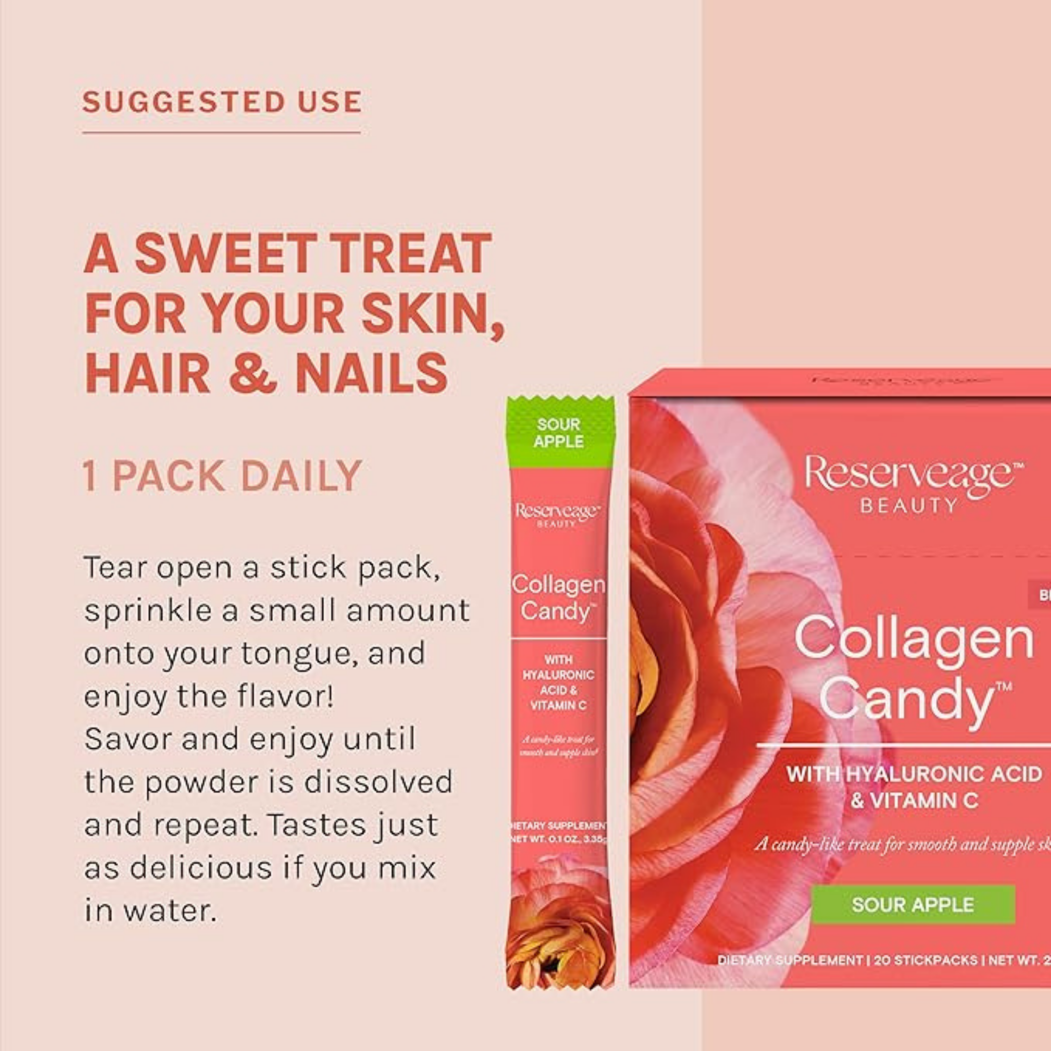 Reserveage Beauty, Collagen Candy, Sour Apple, 0.1 oz (3.35 g) Each, 20 Stickpacks