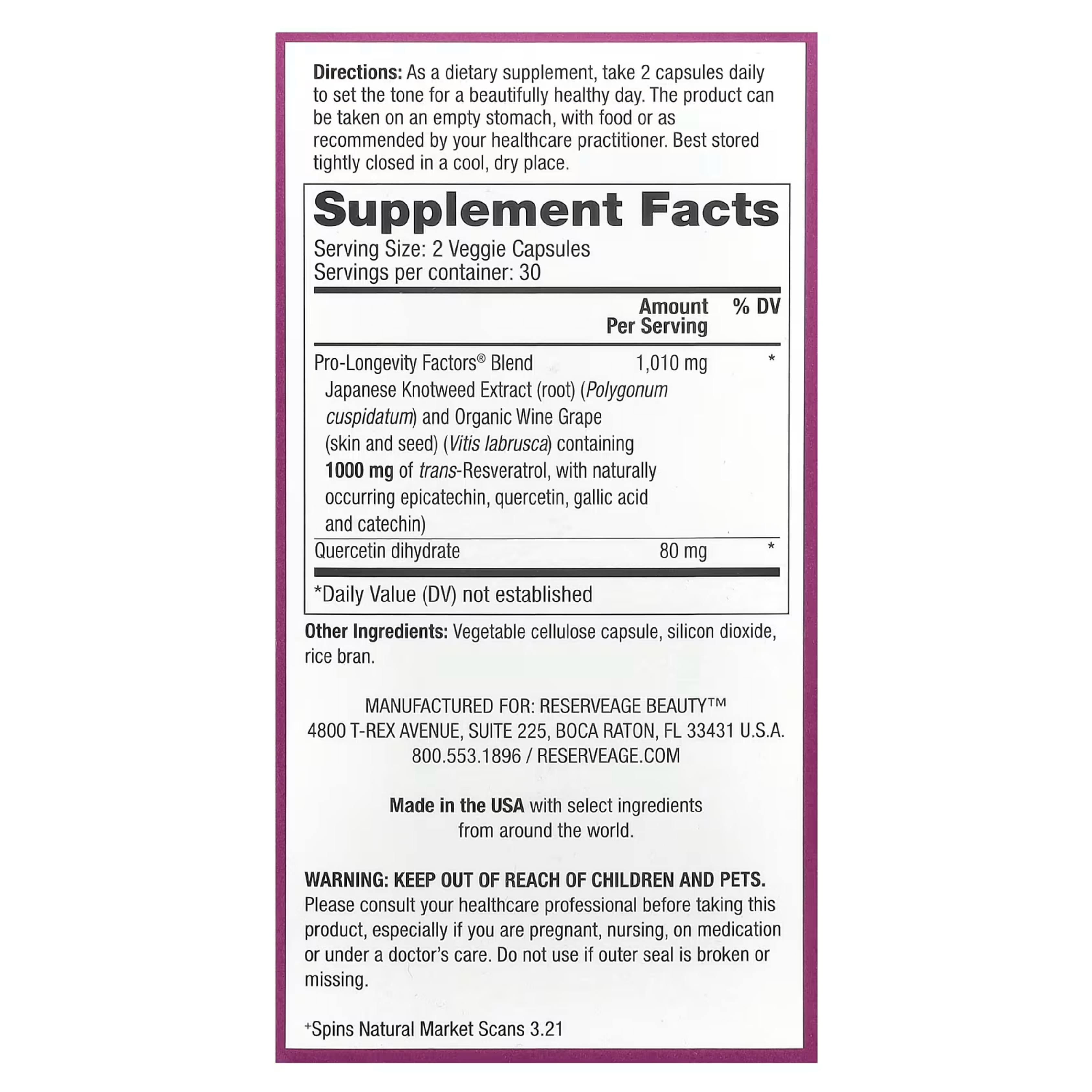 Reserveage Beauty, Resveratrol, 1000 mg, 60 Veggie Capsules