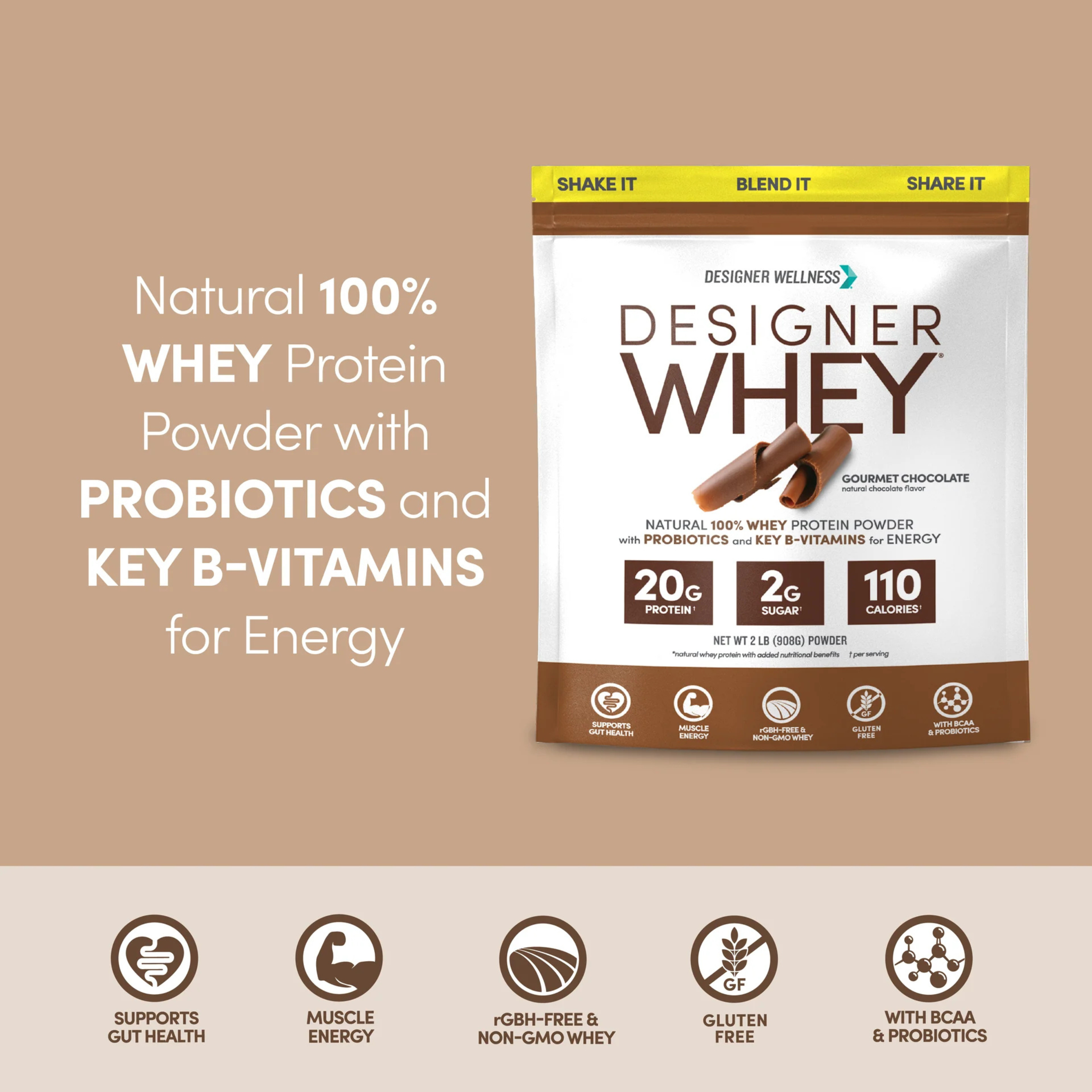 Designer Wellness, Designer Whey, 100% Whey Protein Powder with Probiotics, Gourmet Chocolate, 908 g