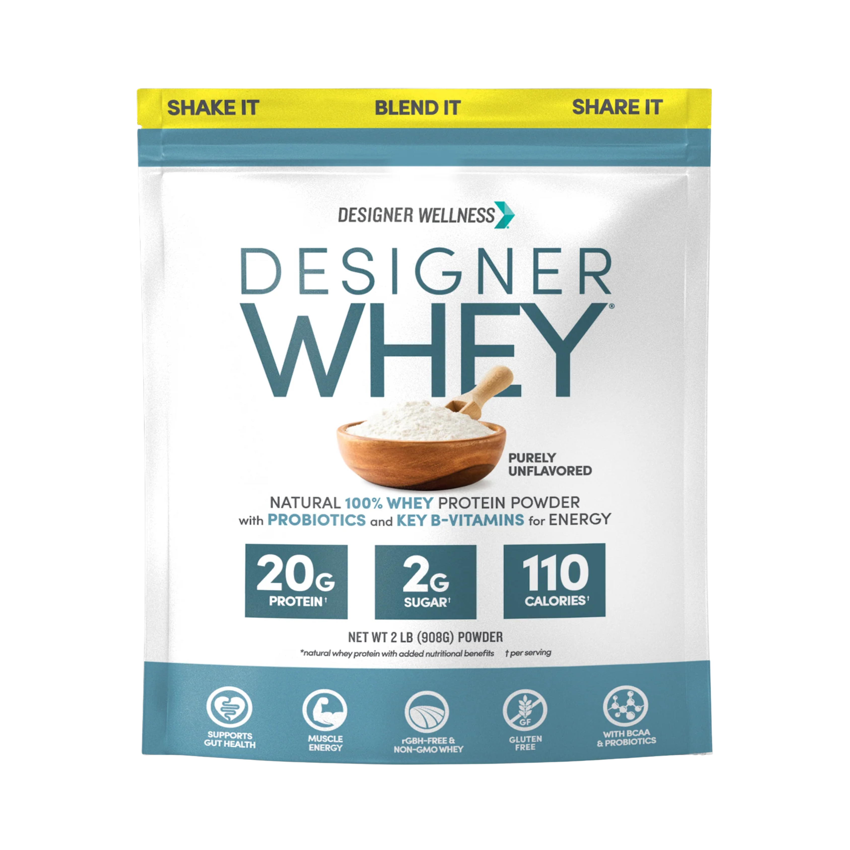 Designer Wellness, Designer Whey, Natural 100% Whey Protein Powder, Purely Unflavored, 2 lb, 908 g