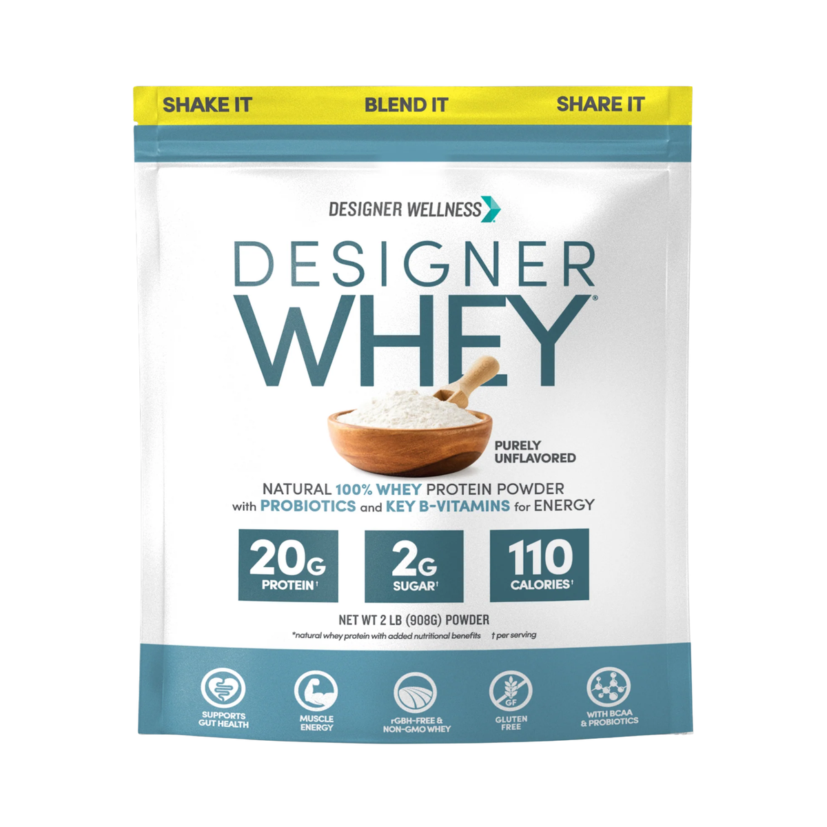 Designer Wellness, Designer Whey, Natural 100% Whey Protein Powder, Purely Unflavored, 2 lb, 908 g