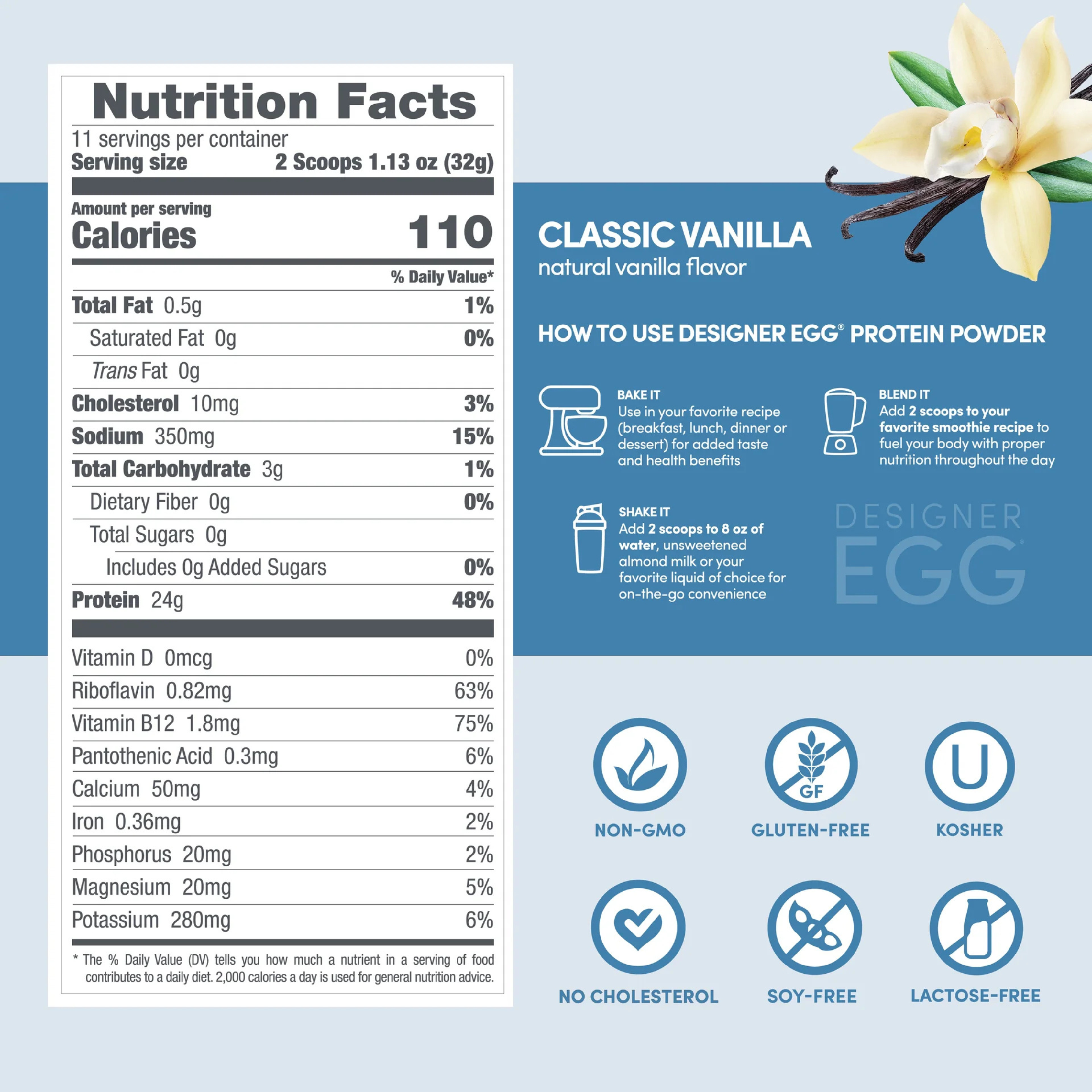 Designer Wellness, Designer Egg, Whole Egg Multifunction Protein Powder, Classic Vanilla, 12.4 oz (352 g)