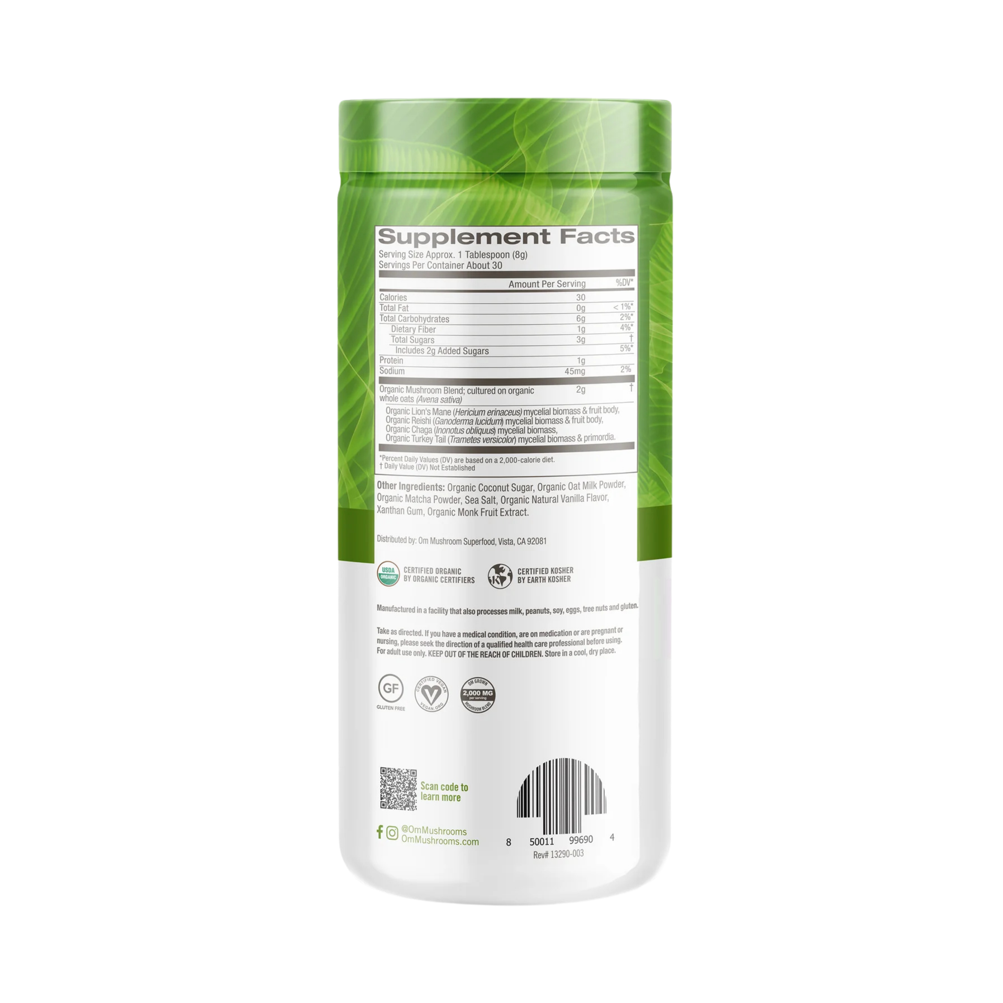 Om Mushrooms, Superfood Mushroom Blend, Matcha Latte , 8.47 oz, 240 g