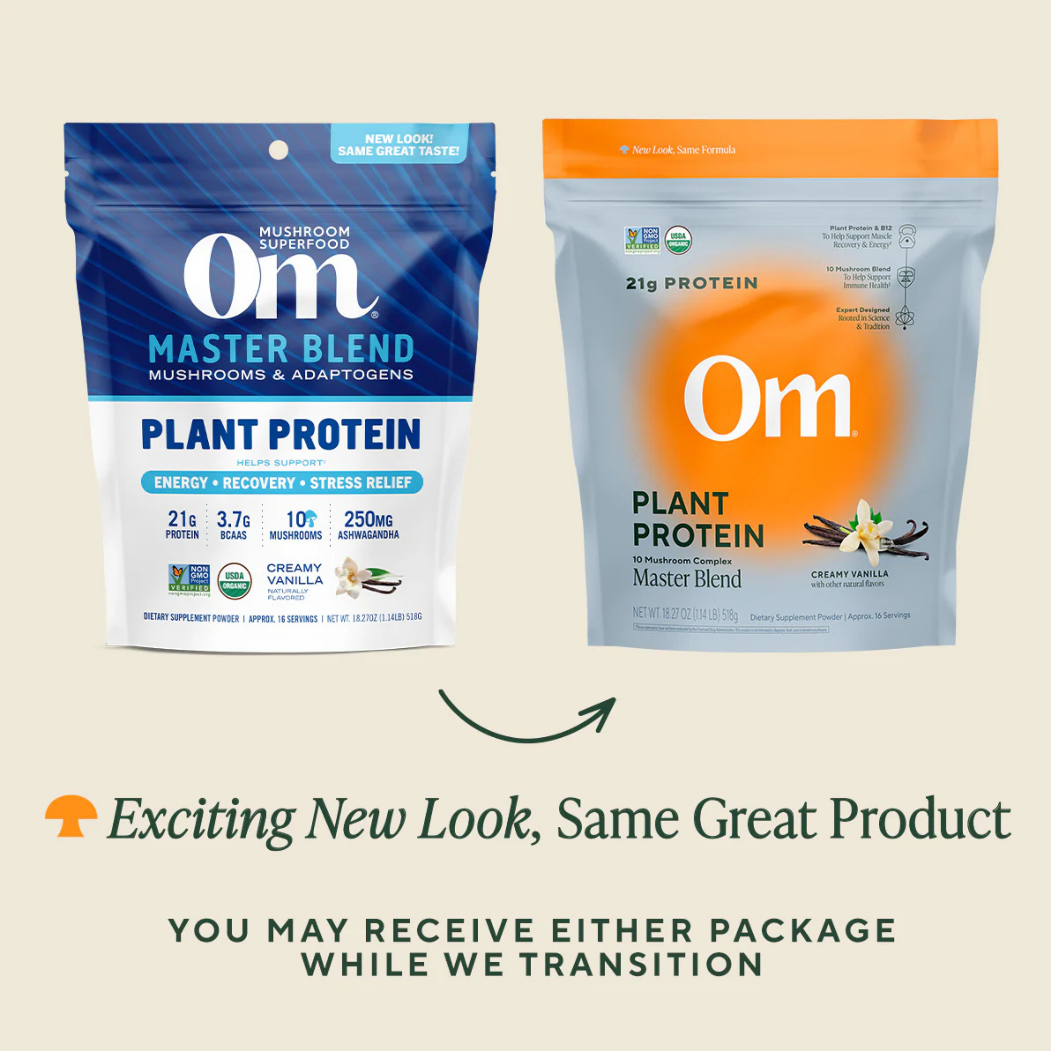 Om Mushrooms, Master Blend, Plant Protein, Creamy Vanilla, 18.27 Oz, 518 g