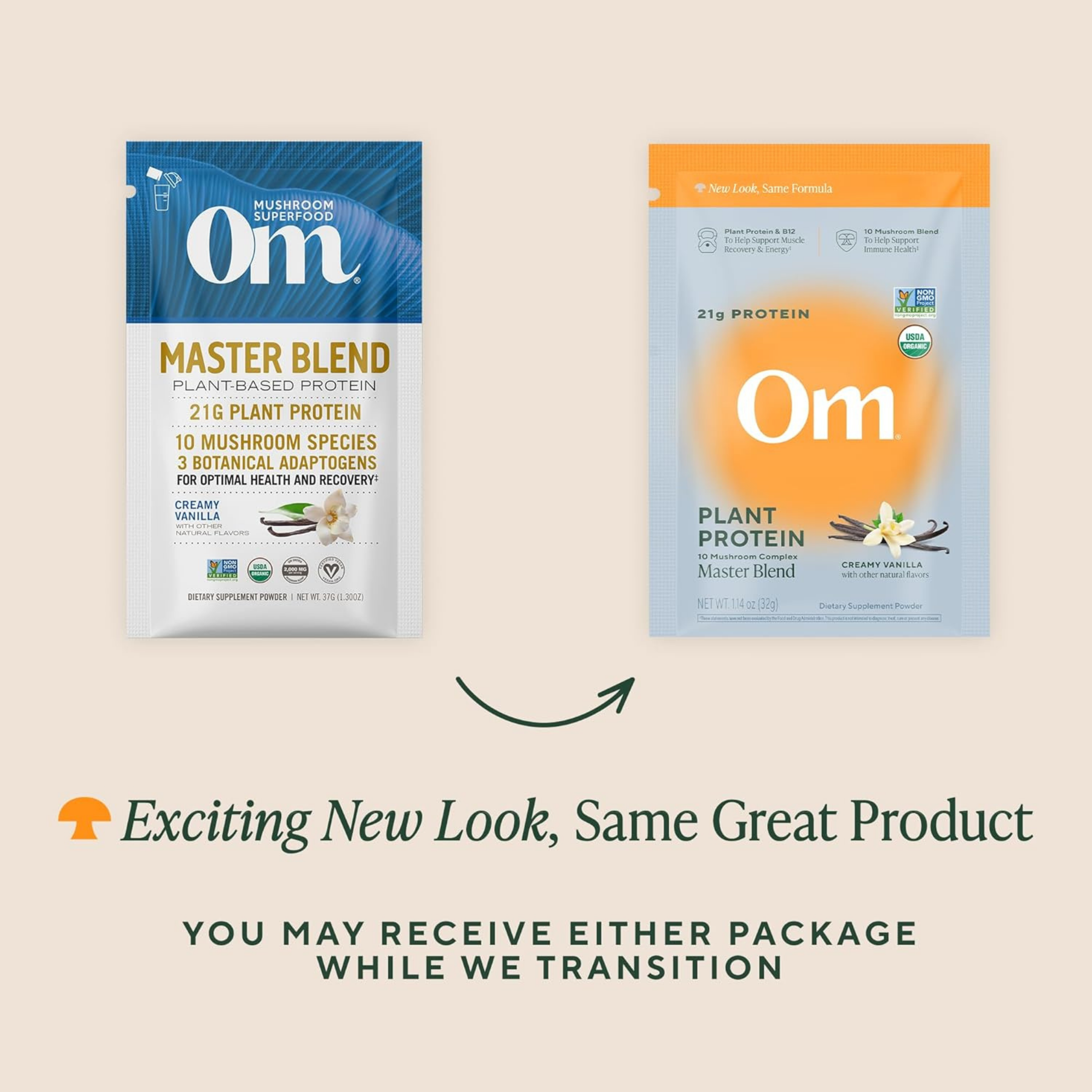 Om Mushrooms, Master Blend, Plant Protein, Creamy Vanilla, 10 Packets, 32 g Each