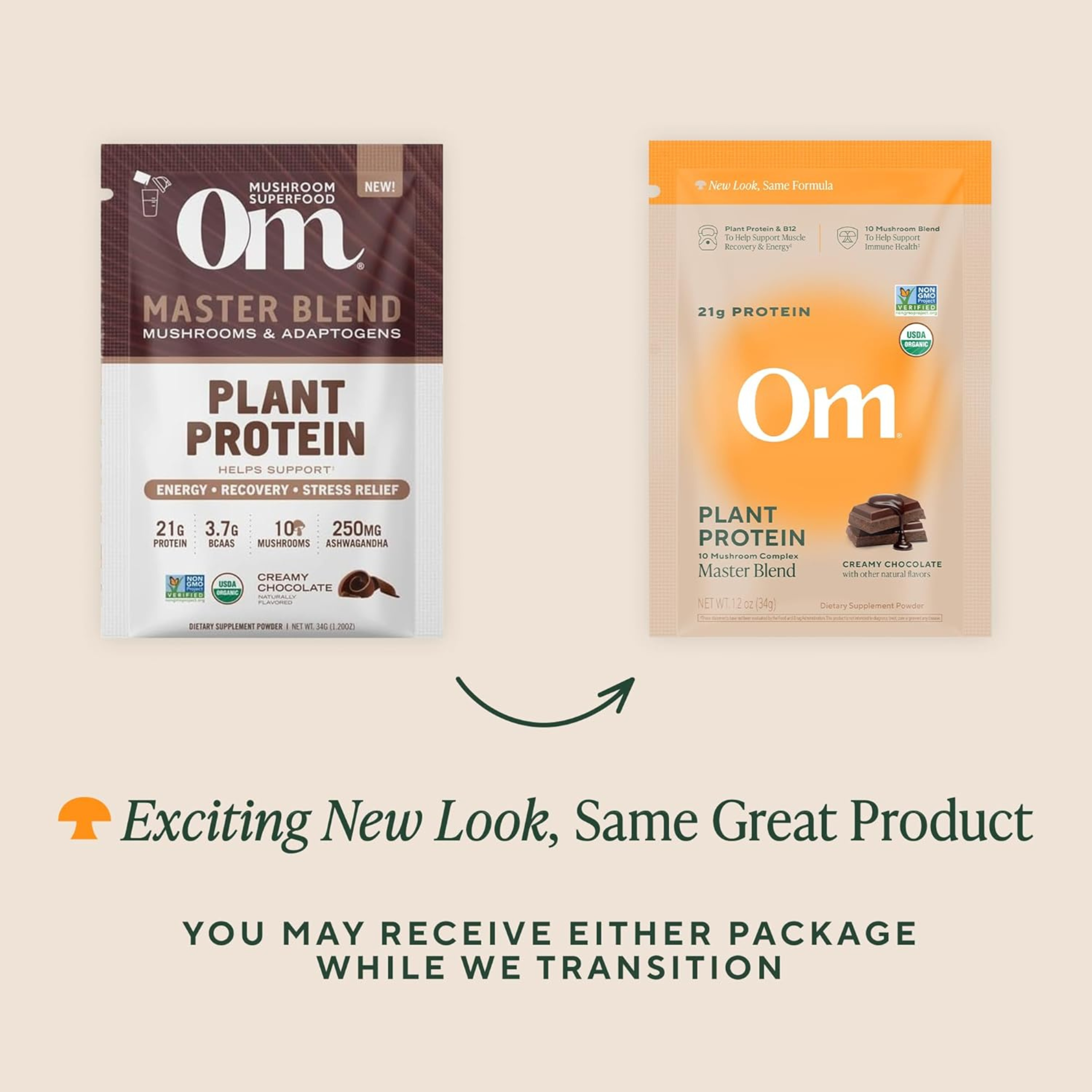 Om Mushrooms, Master Blend, Plant Protein, Creamy Chocolate, 10 Packets , 34 g Each