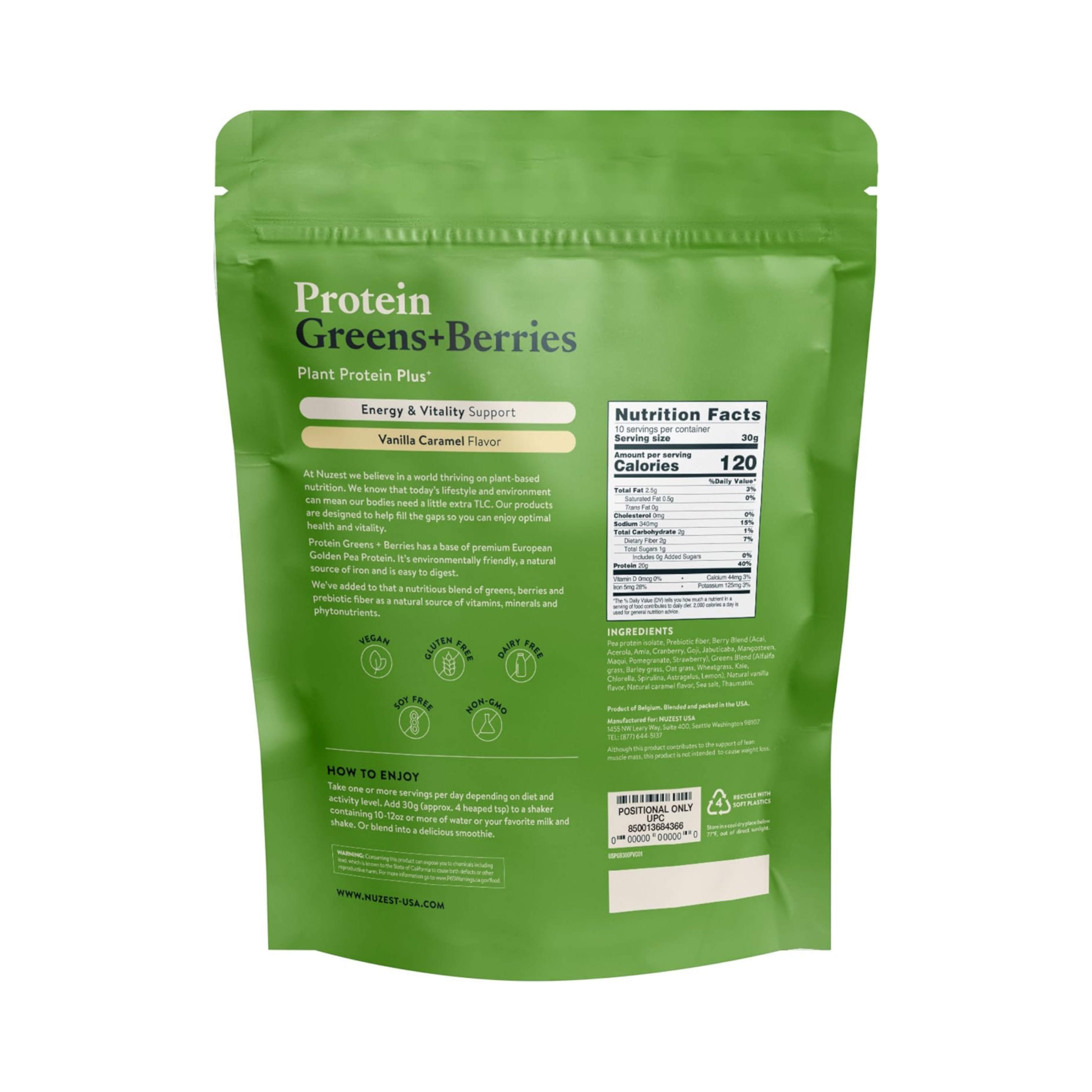 Nuzest, Protein Greens + Berries, Vanilla Caramel, 10.6 Oz
